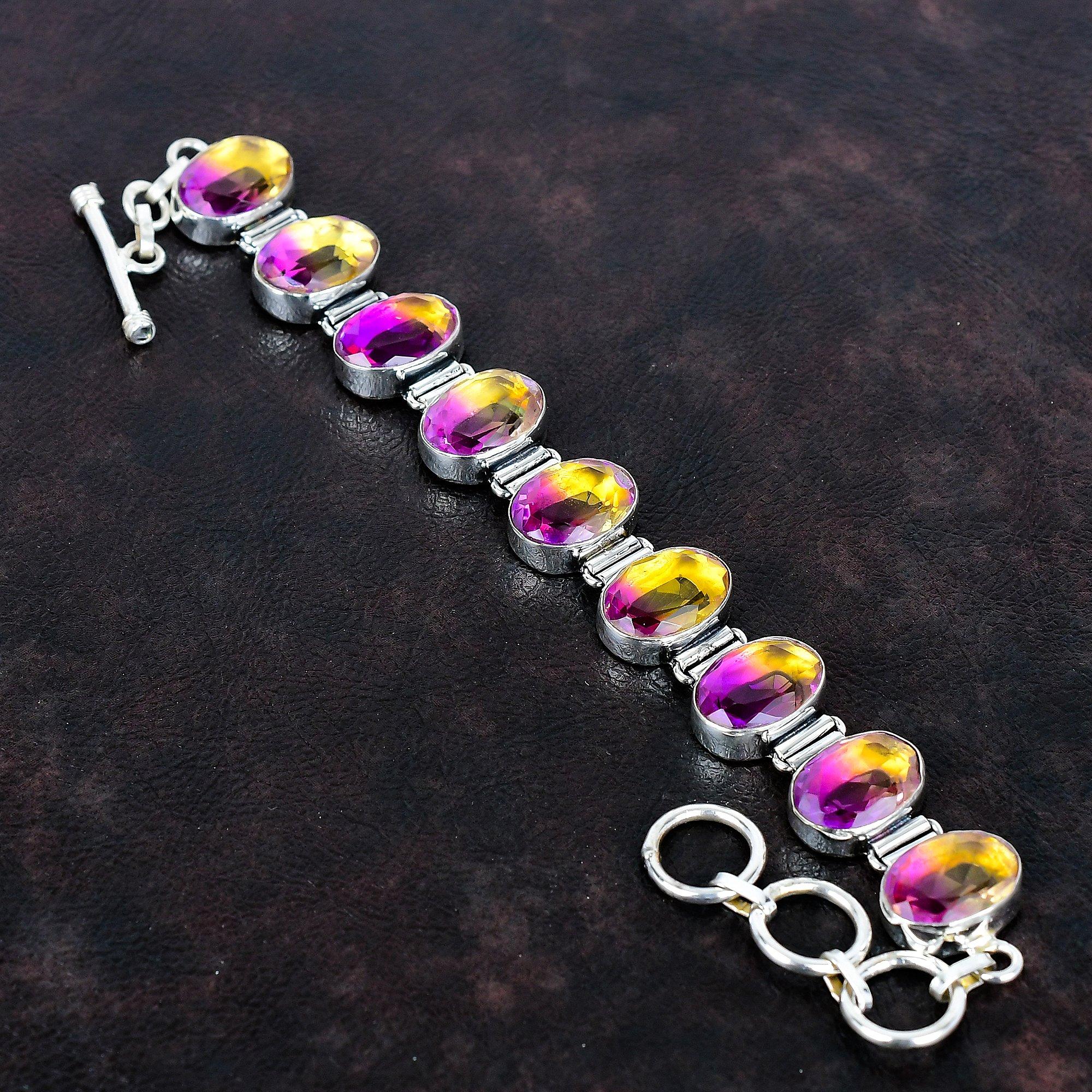 Faceted Ametrine Bracelet Natural Gemstone Bracelet 925 Sterling Silver Adjustable Chain Bracelet Handmade Ametrine Jewelry Gifts for Women