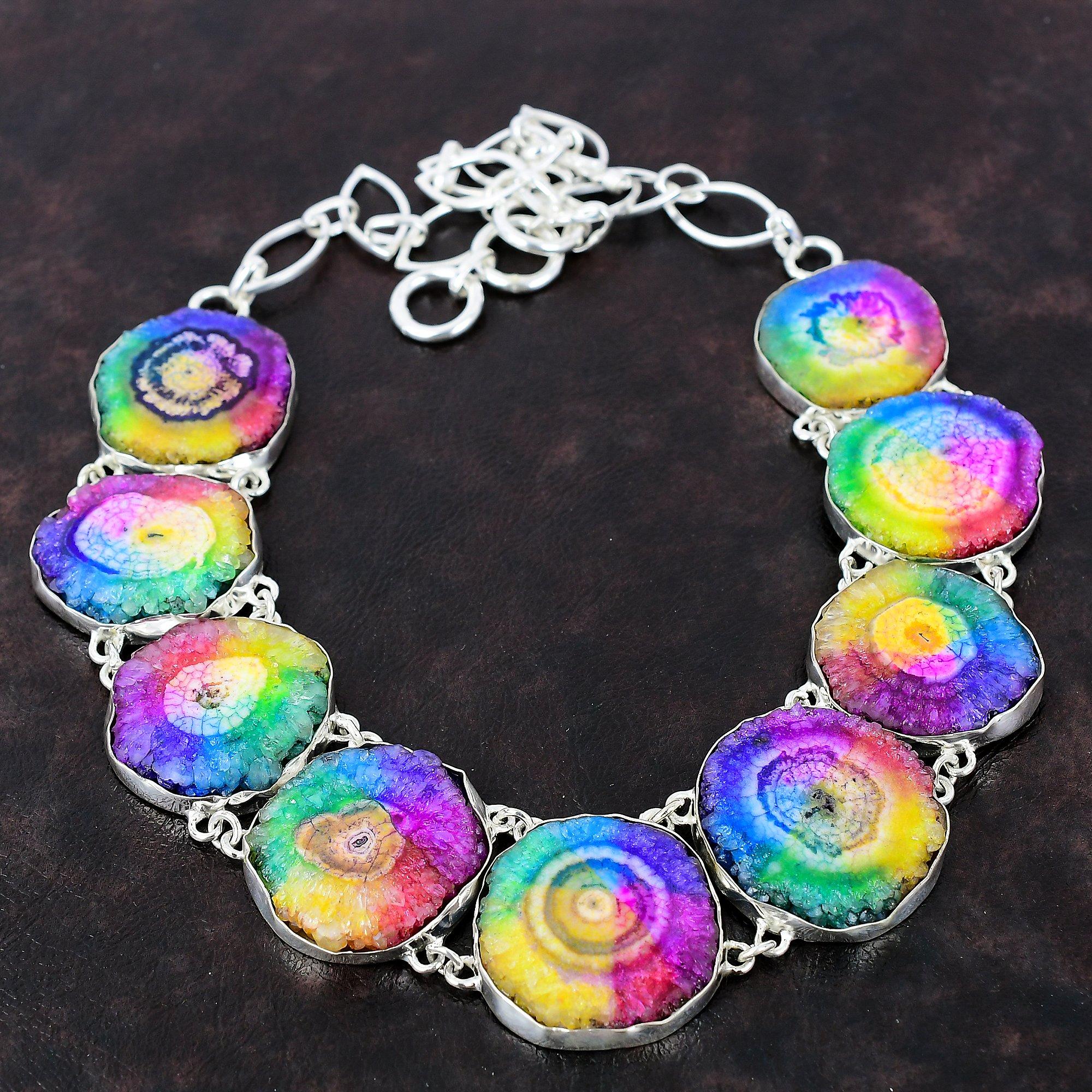Rainbow Solar Quartz Druzy Necklace 925 Sterling Silver Necklace Adjustable Chain Necklace Gift For Women Handmade Necklace Gemstone Jewelry