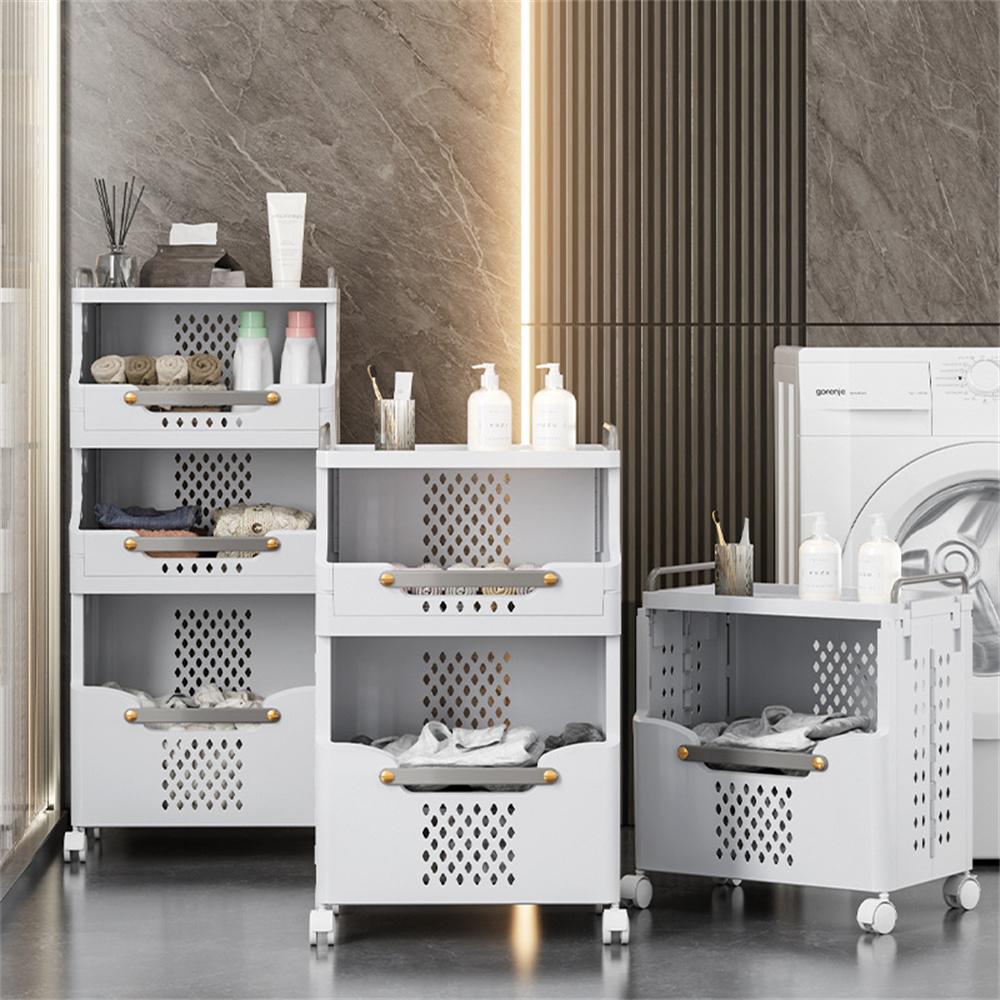 Foldable Laundry Basket Bathroom Multi-layer Clothes Storage Basket Household Storage Shelf Fruit Shelf Rolling Utility Cart