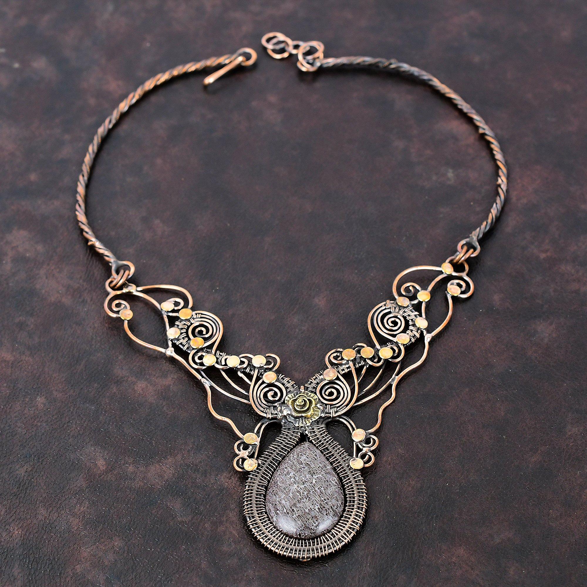 Dinosaur Bone Necklace Copper Wire Wrapped Necklace Gemstone Copper Jewelry Adjustable Necklace Handmade Birthstone Jewelry Anniversary Gift