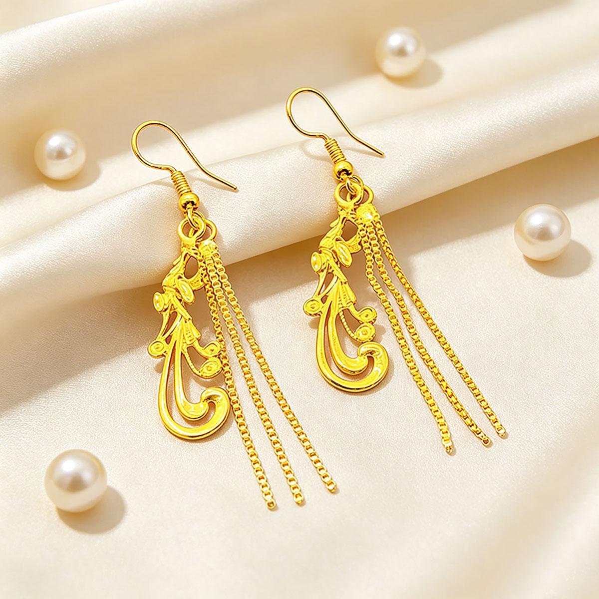 Golden Peacock Tassel Earrings, Ethnic Style Earrings, Phoenix Ear Hooks, Daily Tassel Personality Vintage Elegant Accessories
