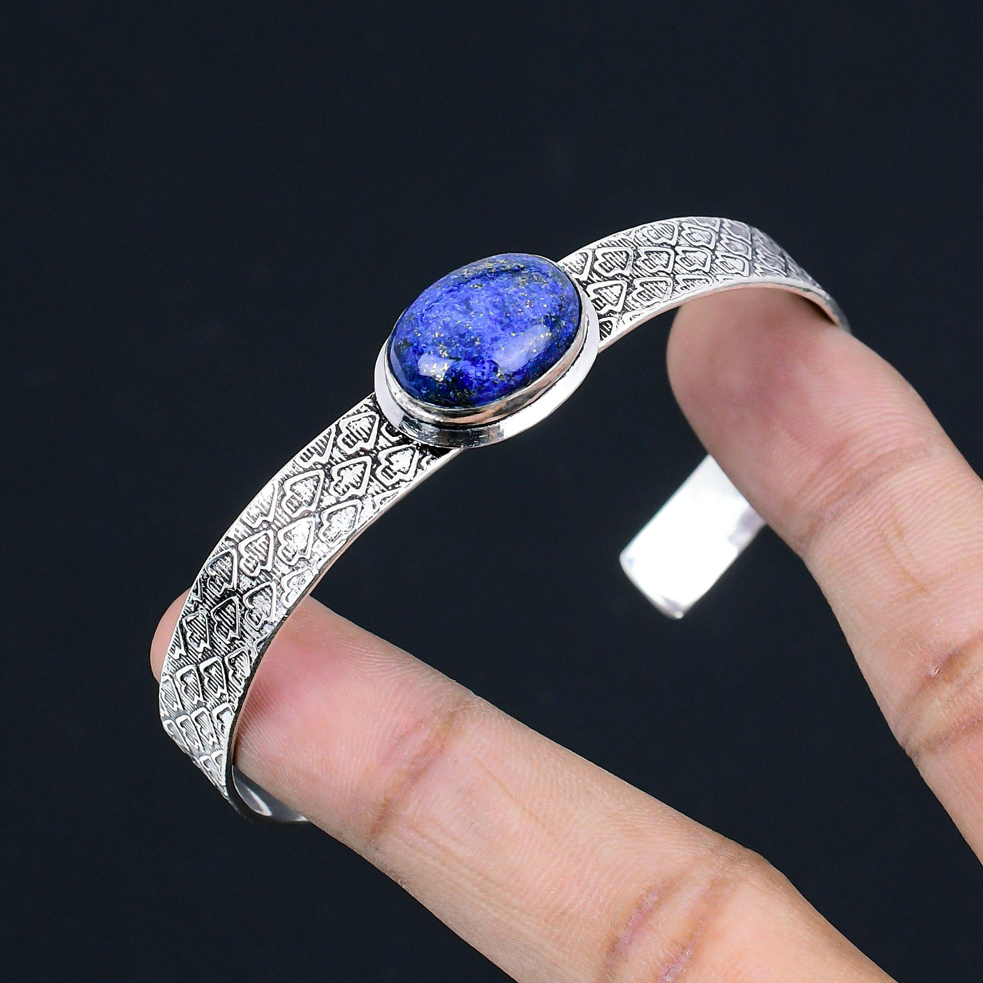 Argent Sterling 925 Chakra de la Gorge Ovale Lapis Lazuli Pierre Précieuse Bracelet Manchette Bijoux pour Femme