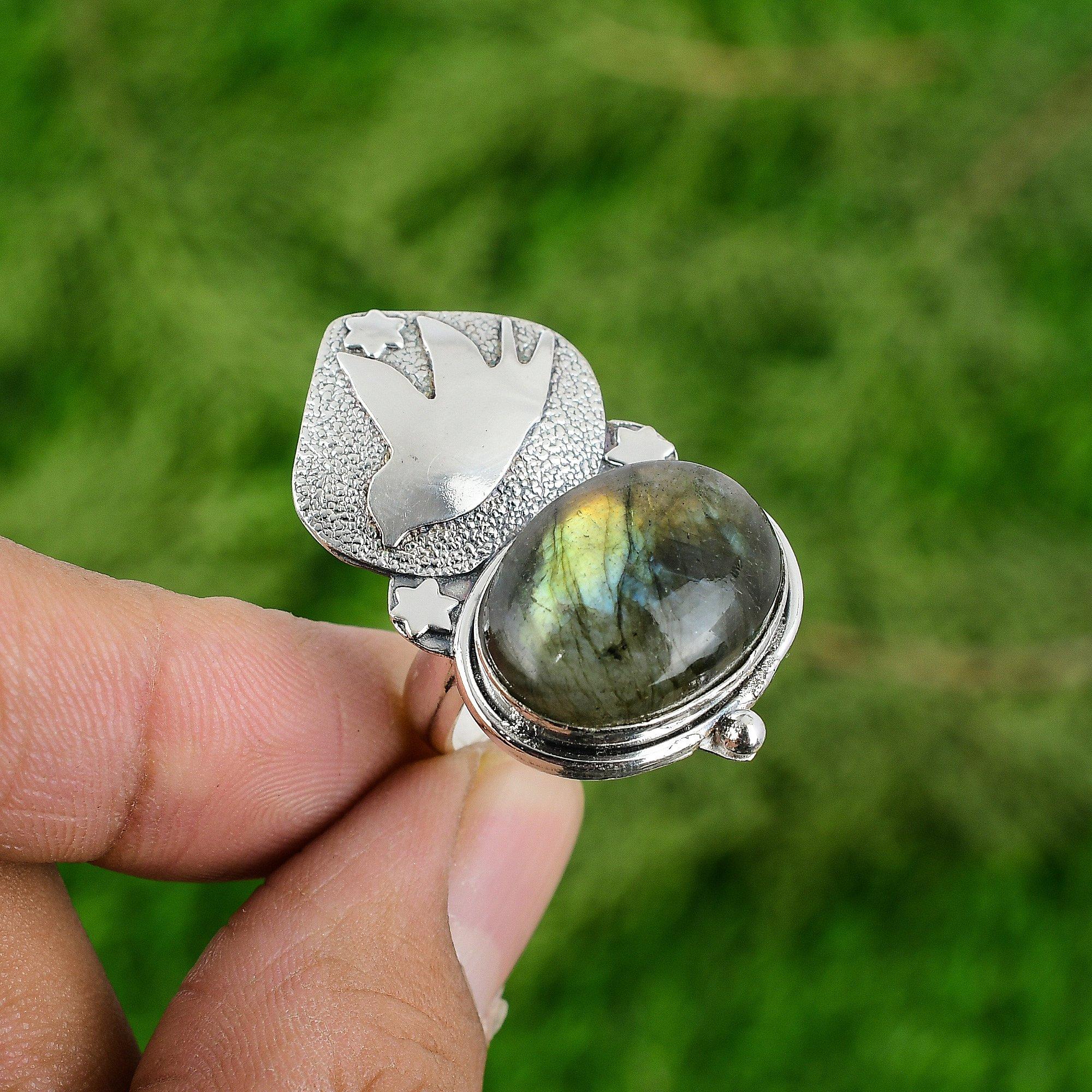 Natural Labradorite Gemstone Statement Bird Adjustable Ring 925 Silver For Girls