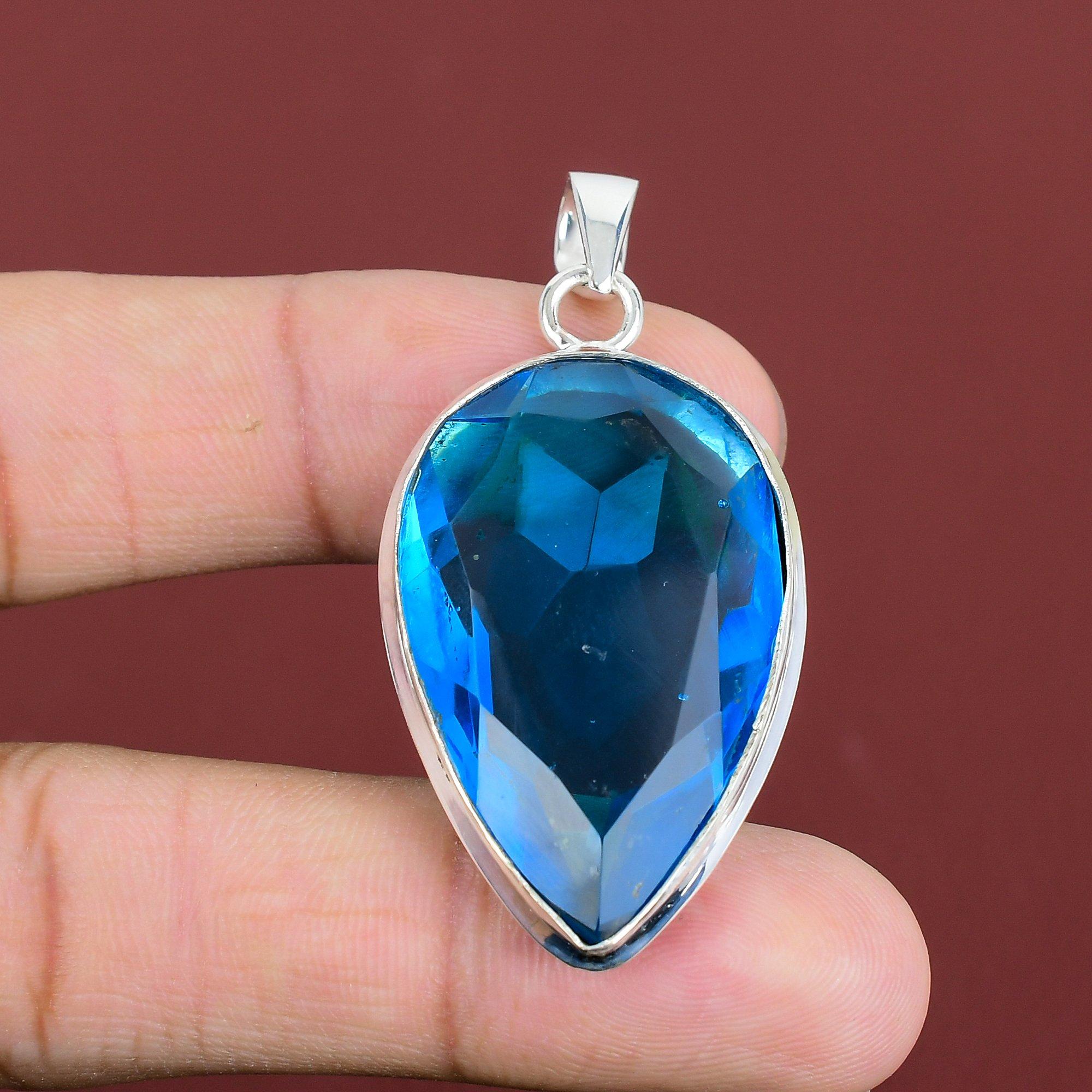 Faceted Swiss Blue Topaz Pendant Gemstone Pendant Handmade Jewelry 925 Sterling Silver Pendant Dainty Pendant Gift For Dad Statement Jewelry