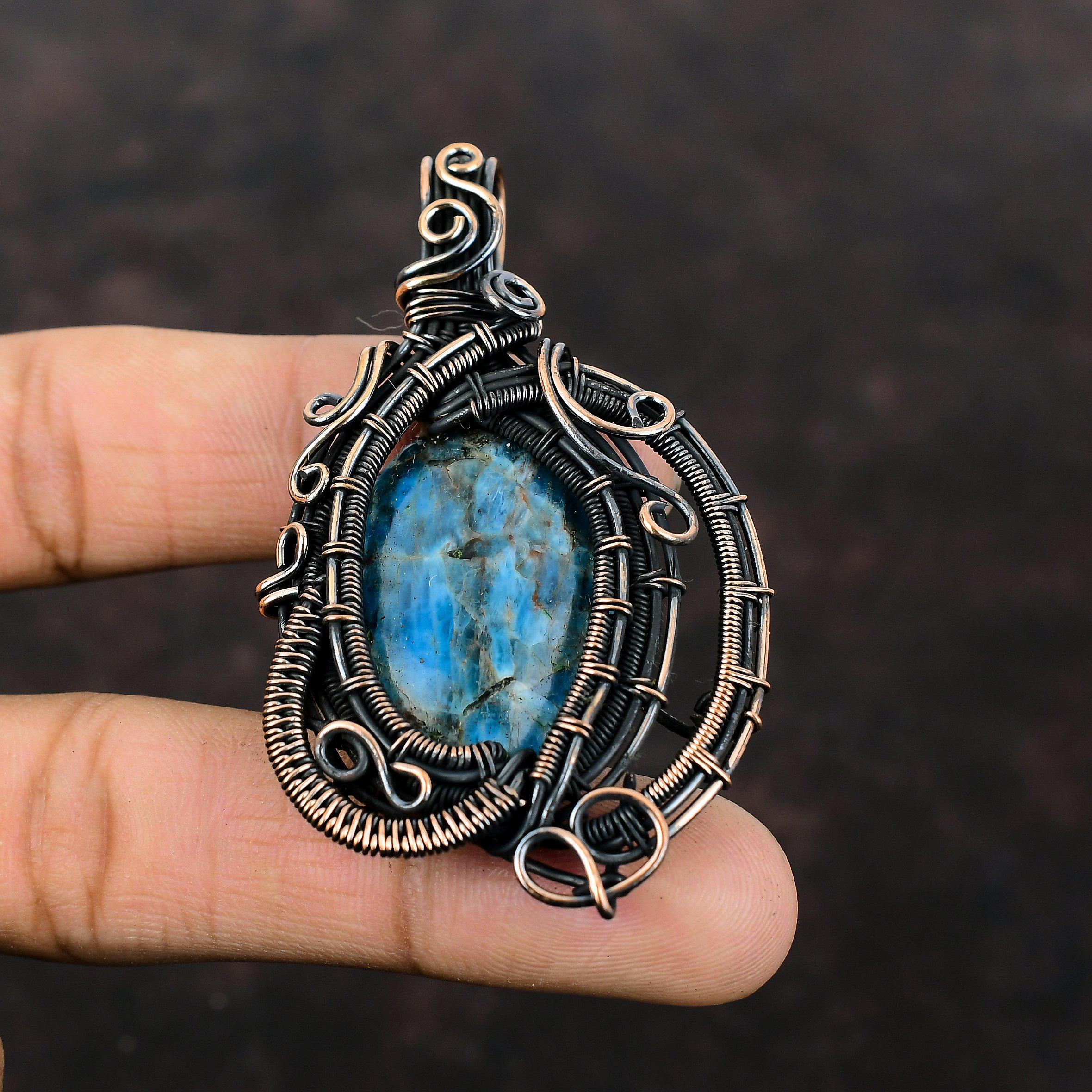 Neon Apatite Pendant Copper Wire Wrapped Pendant Unique Copper Design Jewelry Handmade Pendant Neon Apatite Gemstone Jewelry Engagement Gift