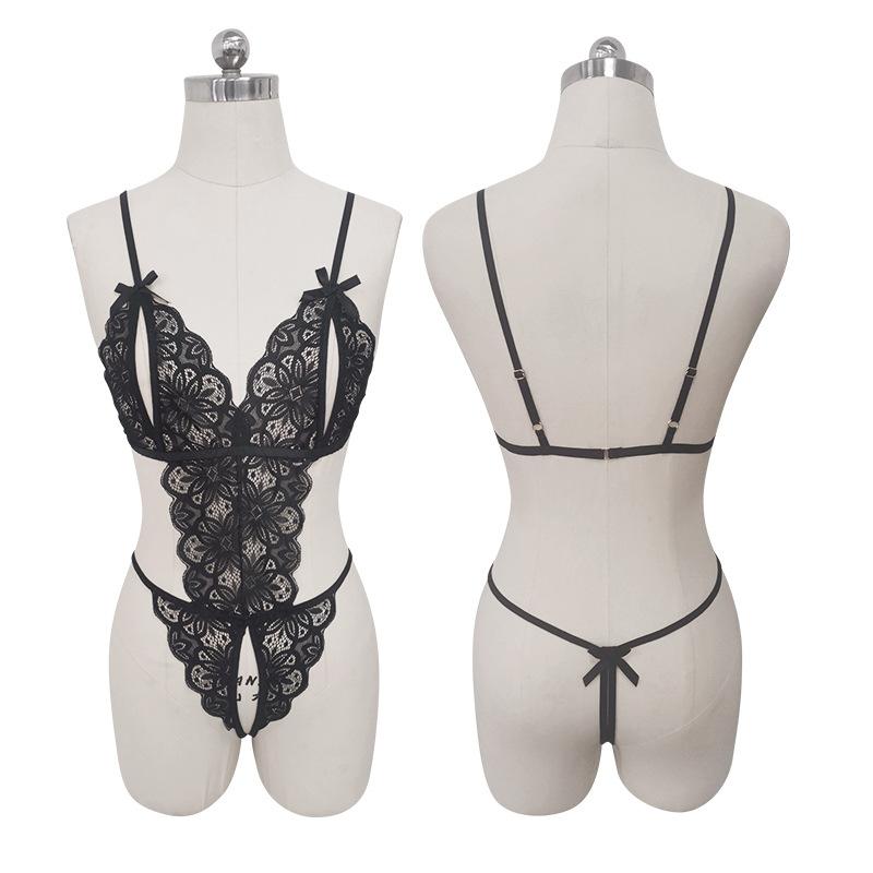 Crotchless Sexy Lingerie Lace Hollow Bra Set Erotic Costumes Dress Deep V Open Bra Porn Women Underwear Sexsuit