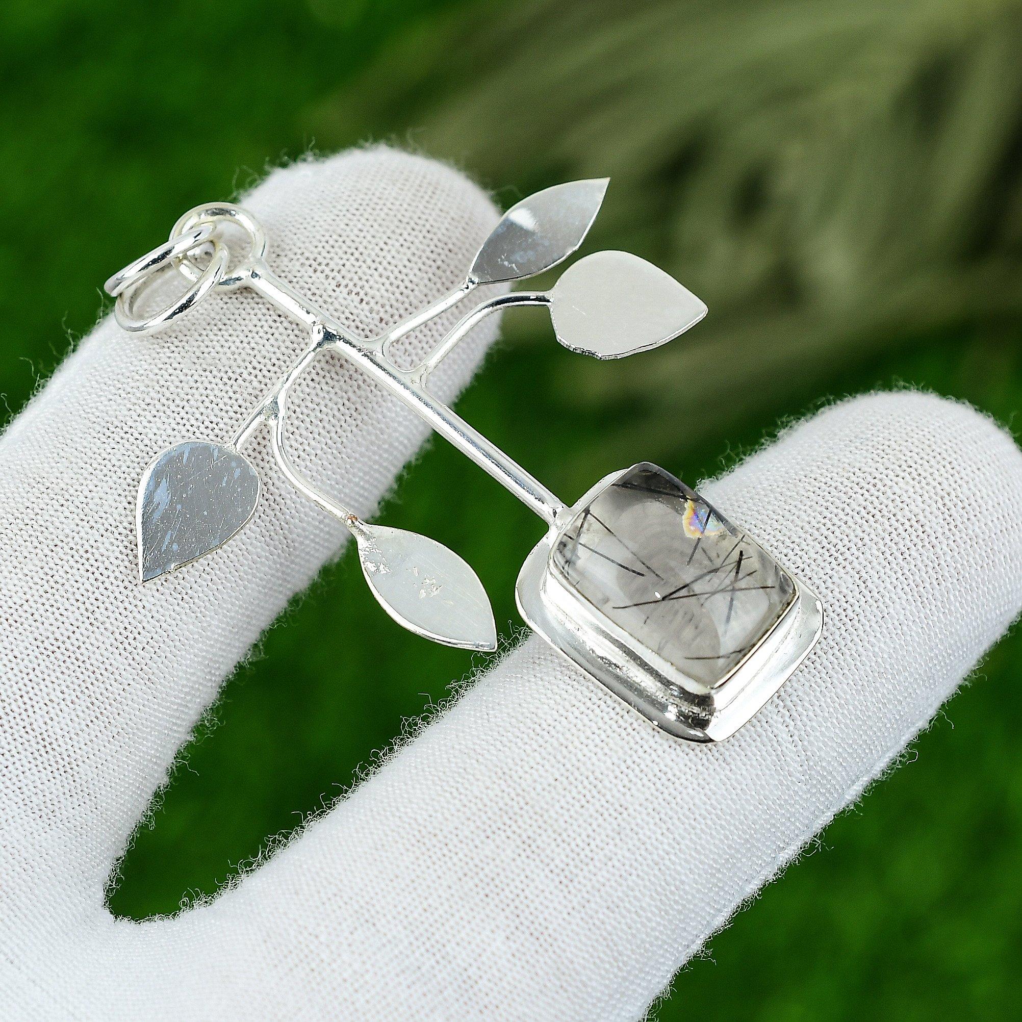 Wedding Gift For Her 925 Sterling Silver Natural Black Rutile Gemstone Pendant