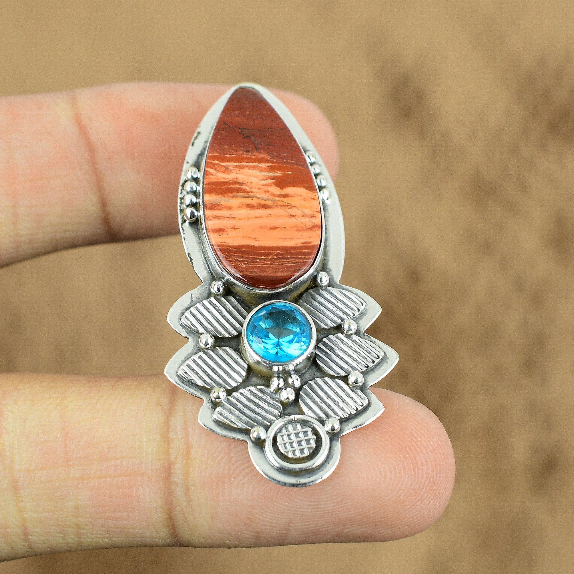 925 Silver Pear Red Snakeskin Jasper Stone Swiss Blue Topaz Wife Pendant Jewelry