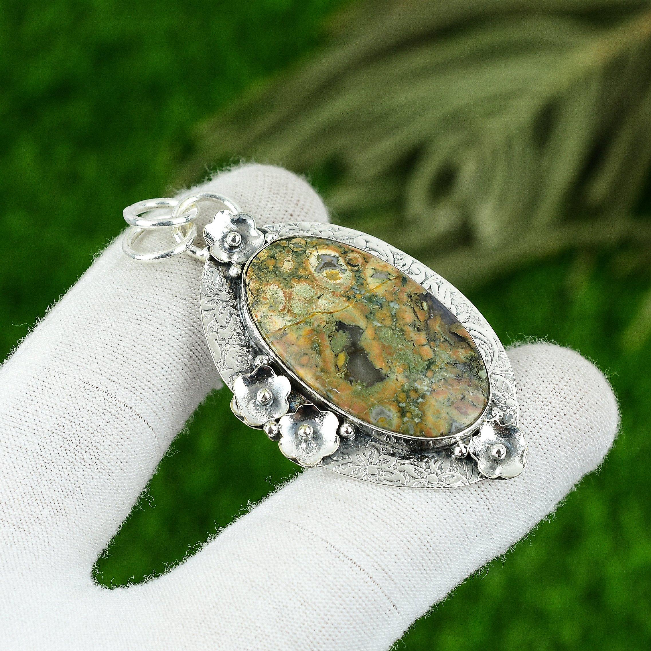 Natural Ocean Jasper Gemstone Pendant Green 925 Sterling Silver Indian Jewelry