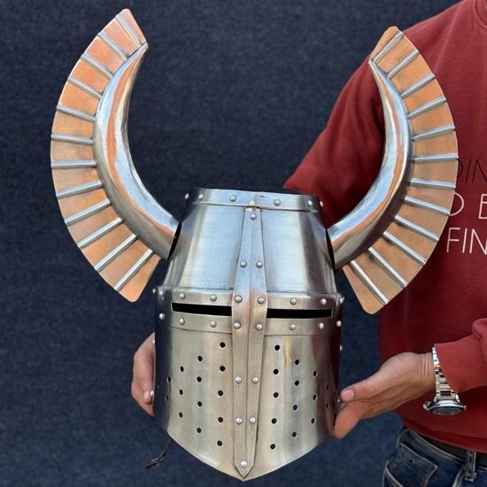 Medieval Horned Teutonic Knight Reenactment Great Helmet Medieval LARP, Cosplay, Costume , Display Best Gift for Love