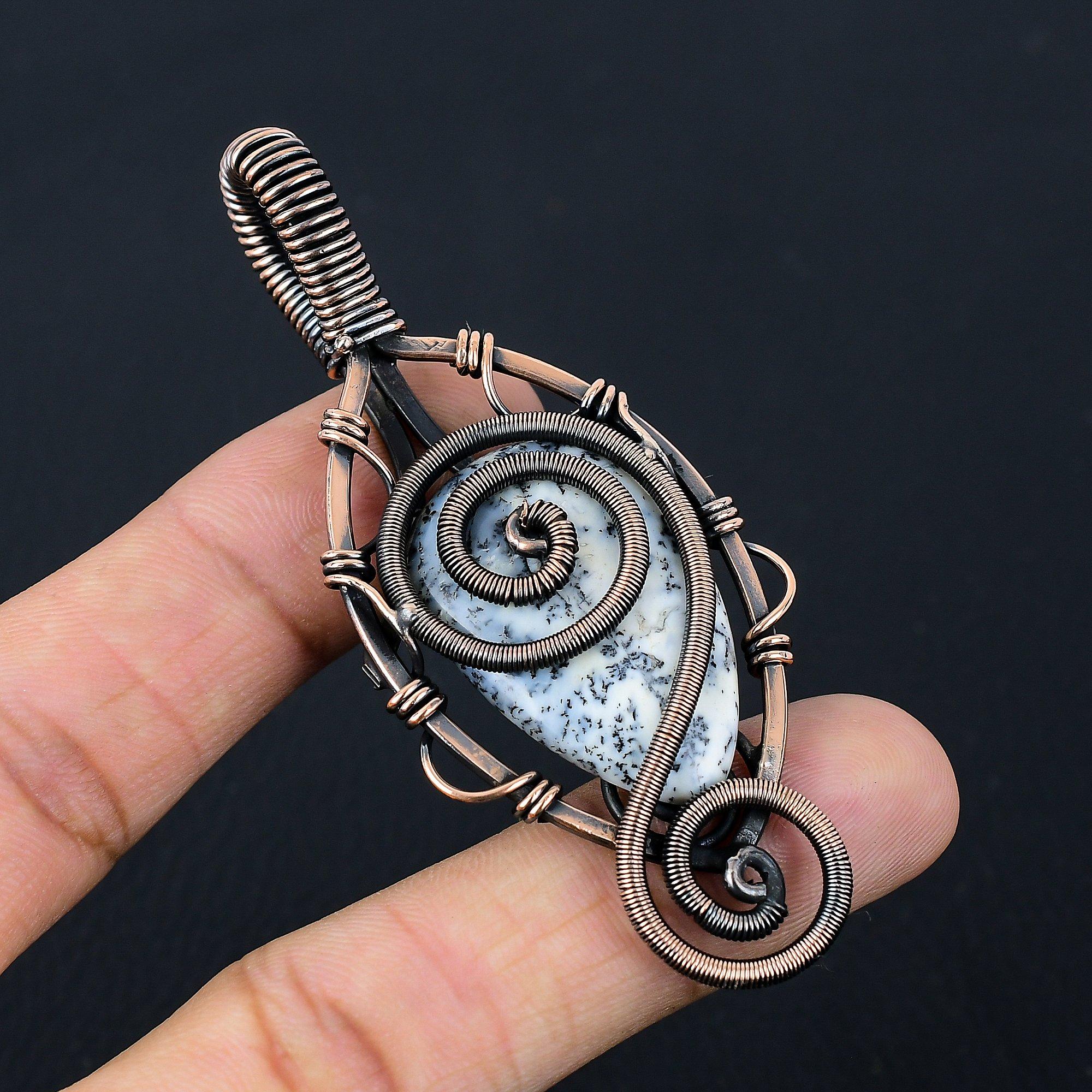 Dendrite Opal Gemstone Pure Copper Wire Wrapped Handmade Pendant Jewelry For Her