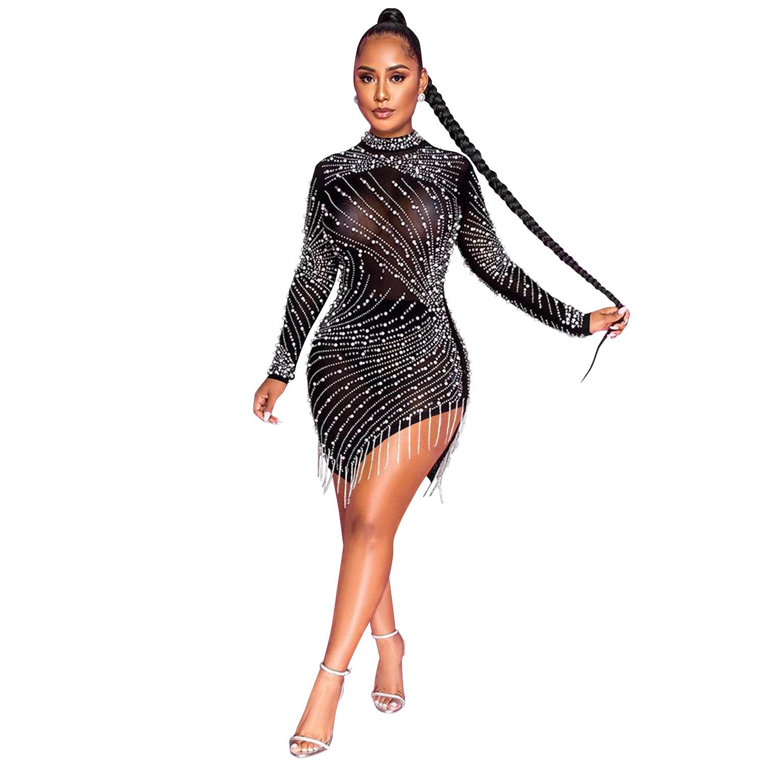 Vestido sexy de discoteca con malla transparente y cuentas de diamantes con flecos y cuello redondo y manga larga para mujer