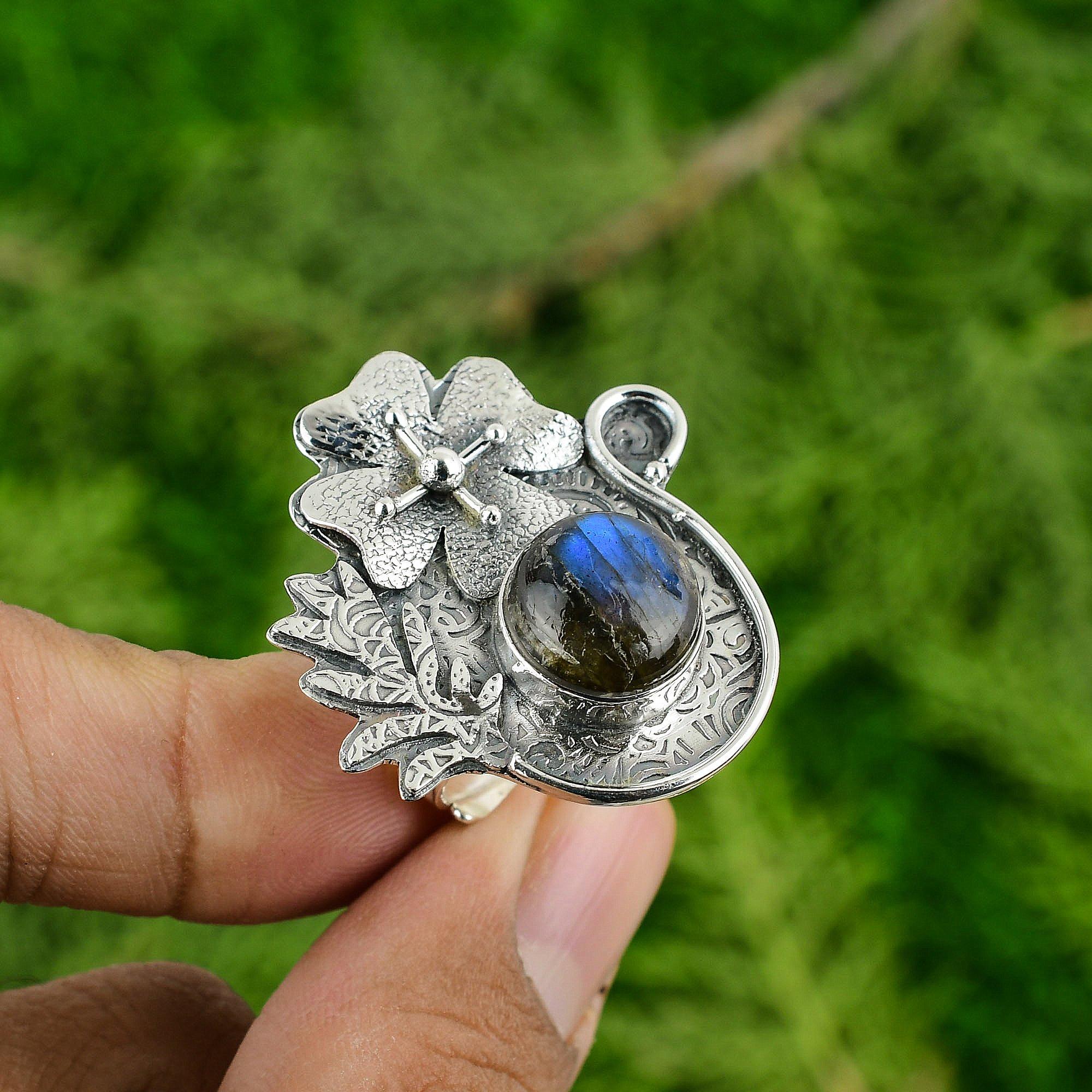 Natural Labradorite Sterling Silver Boho Multi Stone Flower Mother Ring Jewelry