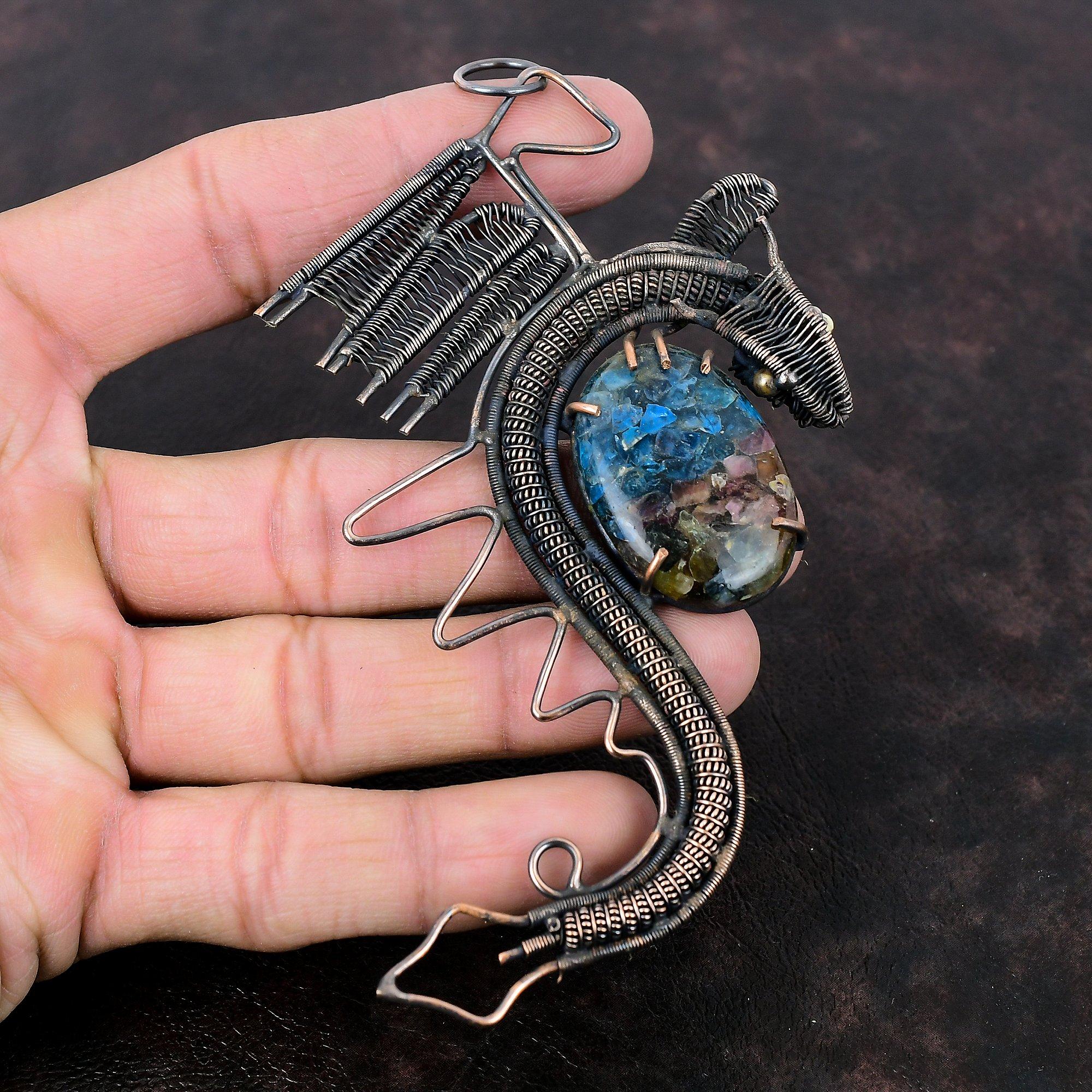 Watermelon Tourmaline Pendant Copper Wire Wrapped Pendant Real Gemstone Jewelry Handmade Dragon Pendant Designer Copper Jewelry Gift For Her