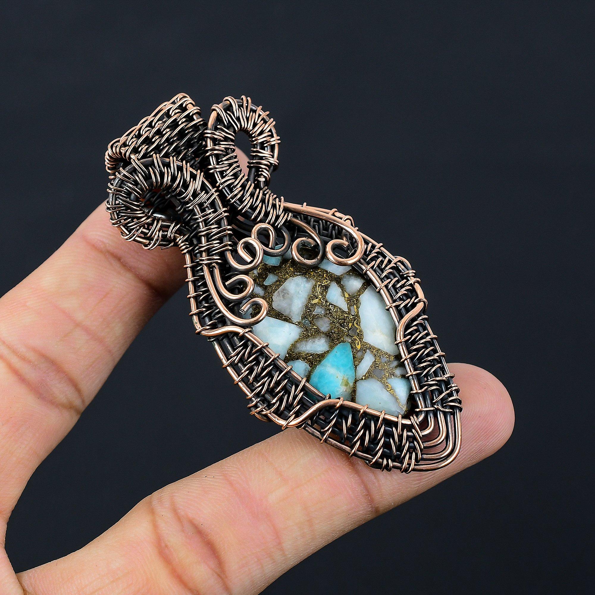 Beautiful Copper Larimar Gemstone Pure Copper Wire Wrapped Handmade Pendant Jewelry