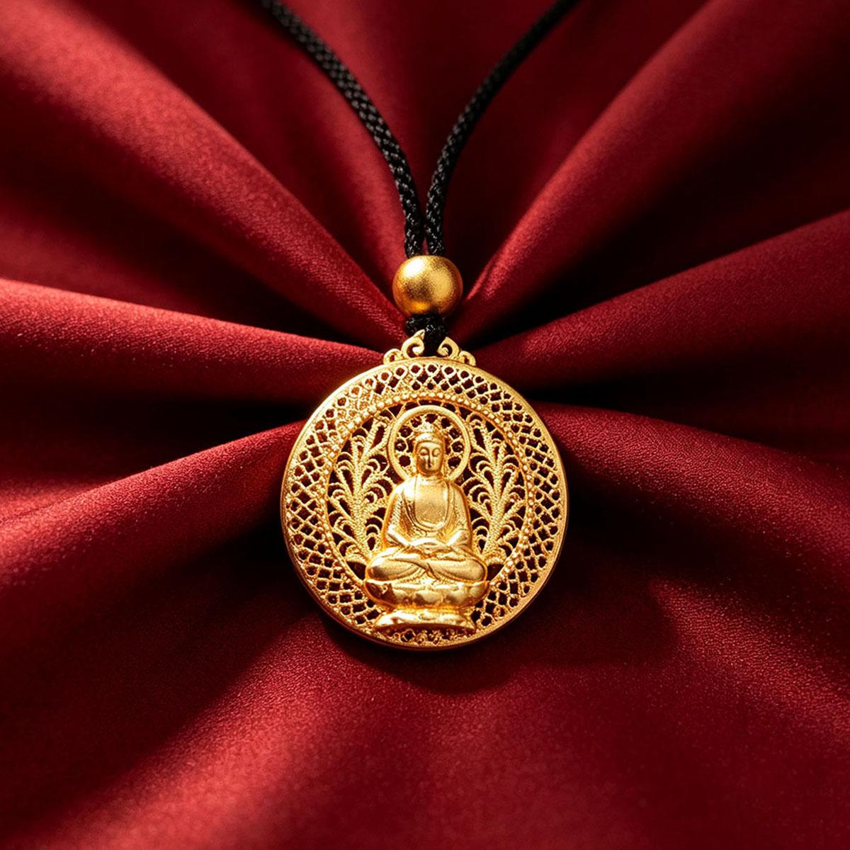Amitabha Pendant Men and Women Couple Simple Gold Necklace Hollow Design Pendant National Style Retro Accessories Necklace