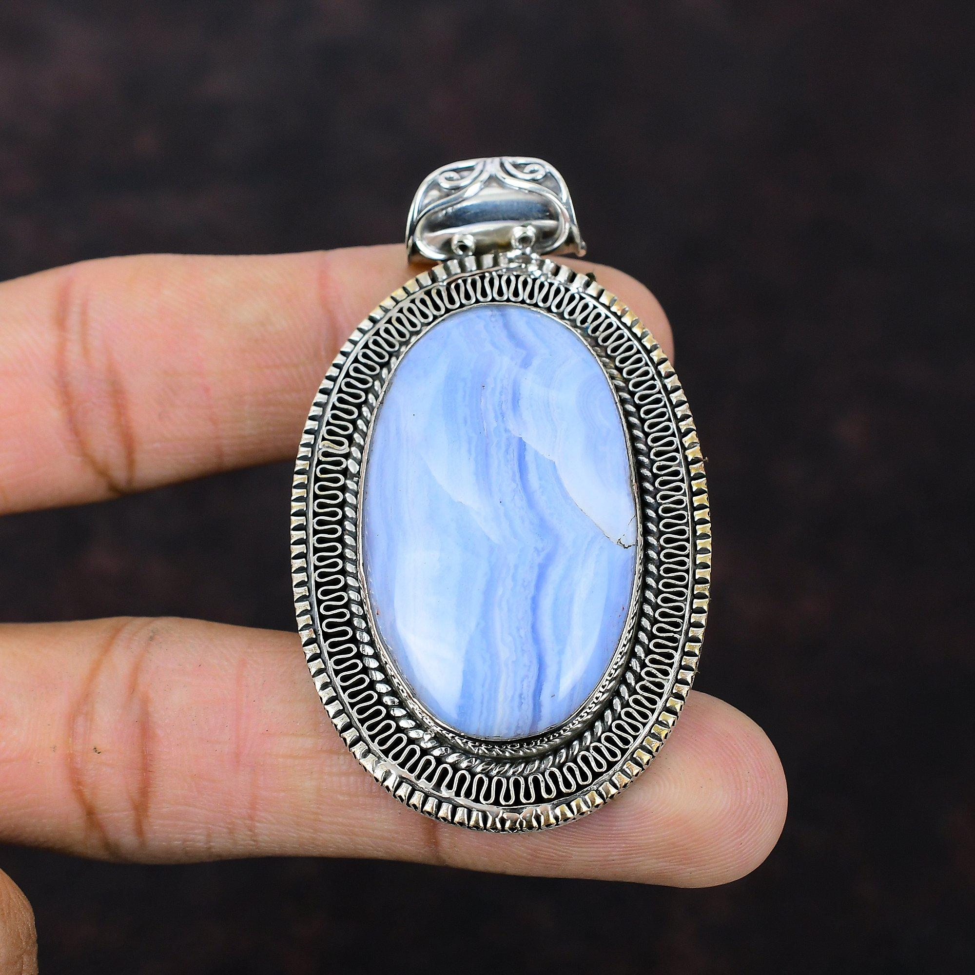 Blue Lace Agate Pendant 925 Sterling Silver Pendant Vintage Pendant Blue Lace Agate Gemstone Jewelry Handmade Brand New Pendant Gift For Her