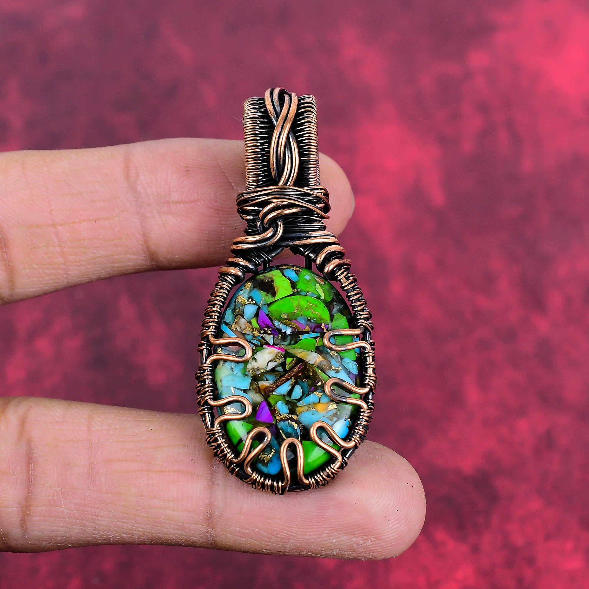 Fiesta Kingman Turquoise Pendant Copper Wire Wrapped Pendant Multi Copper Turquoise Pendant Handmade Natural Gemstone Jewelry Gifts for Him