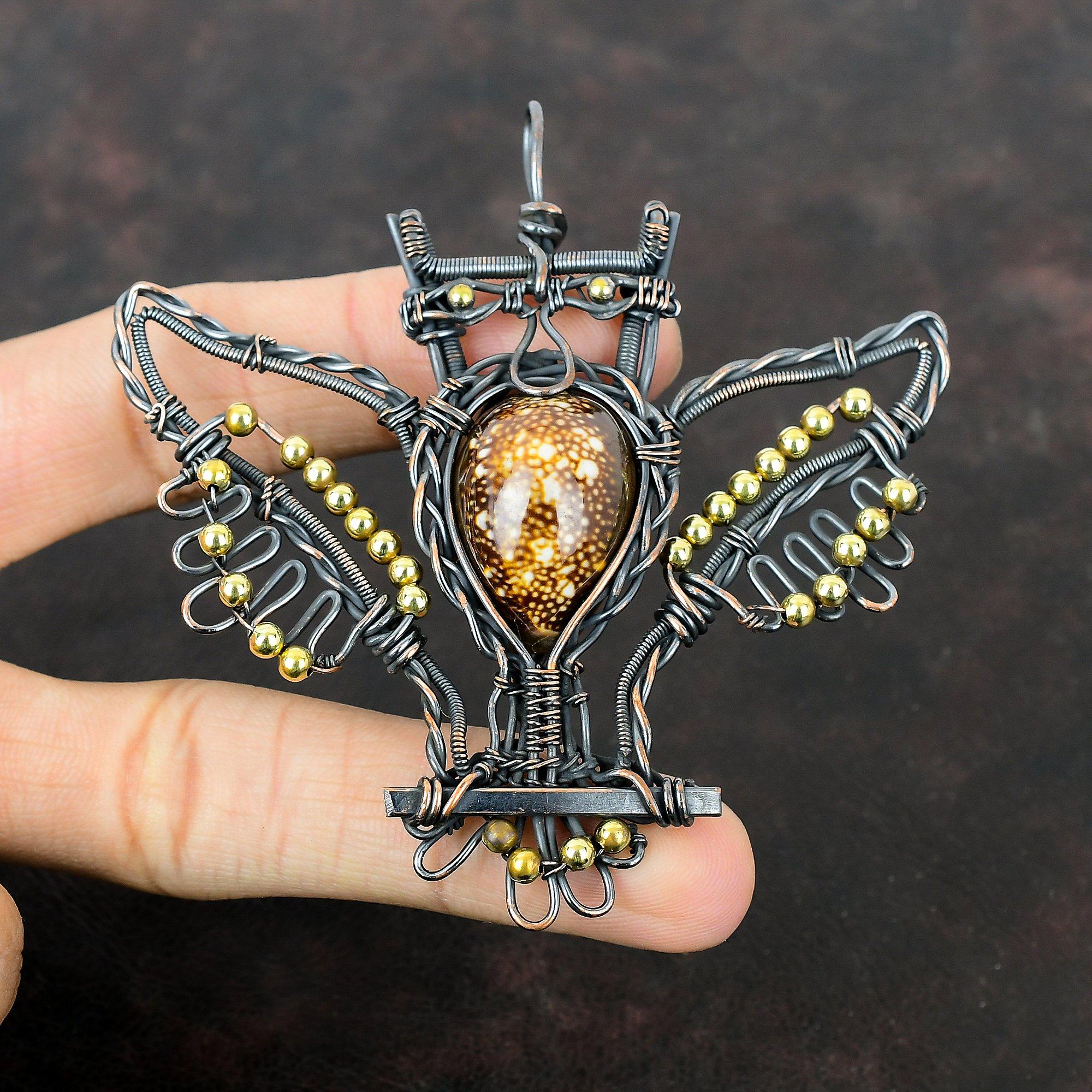 Cowrie Shell Pendant Copper Wire Wrapped Pendant Beautiful Copper Jewelry Handmade Pendant Owl Pendant Genuine Gemstone Jewelry Gift For Mom