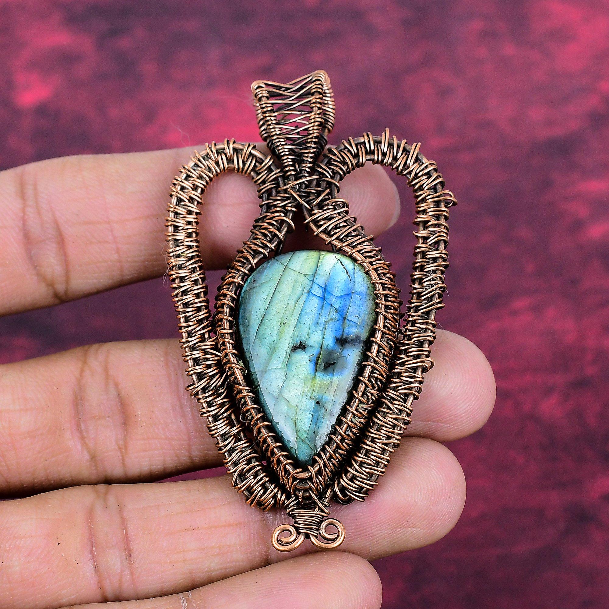 Labradorite Gemstone Pendant Copper Wire Wrapped Jewelry Handmade Unique Pendant