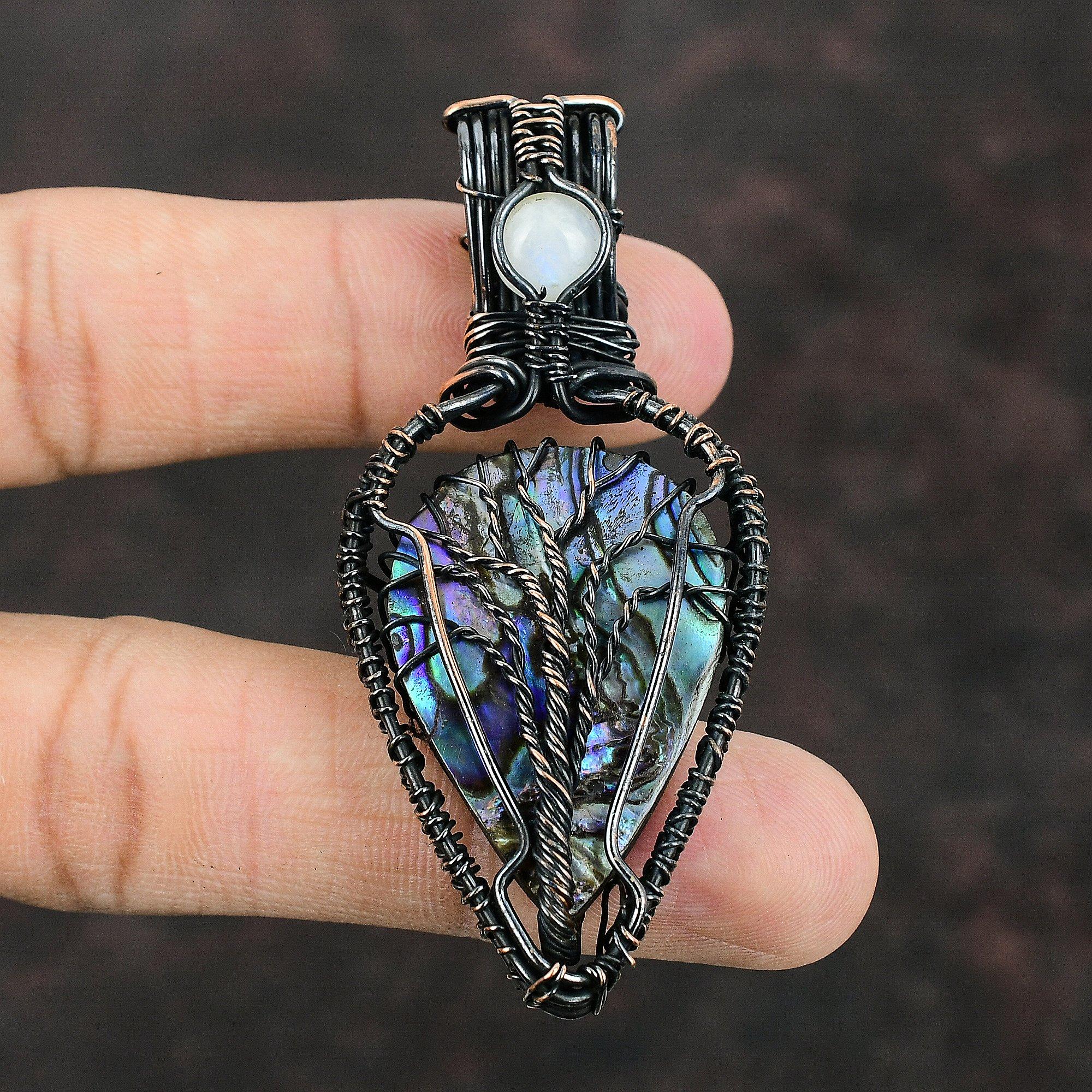 Tree Of Life Abalone Shell Pendant Copper Wire Wrapped Pendant Gemstone Jewelry Handmade Pendant Rainbow Moonstone Pendant Wire Jewelry Gift