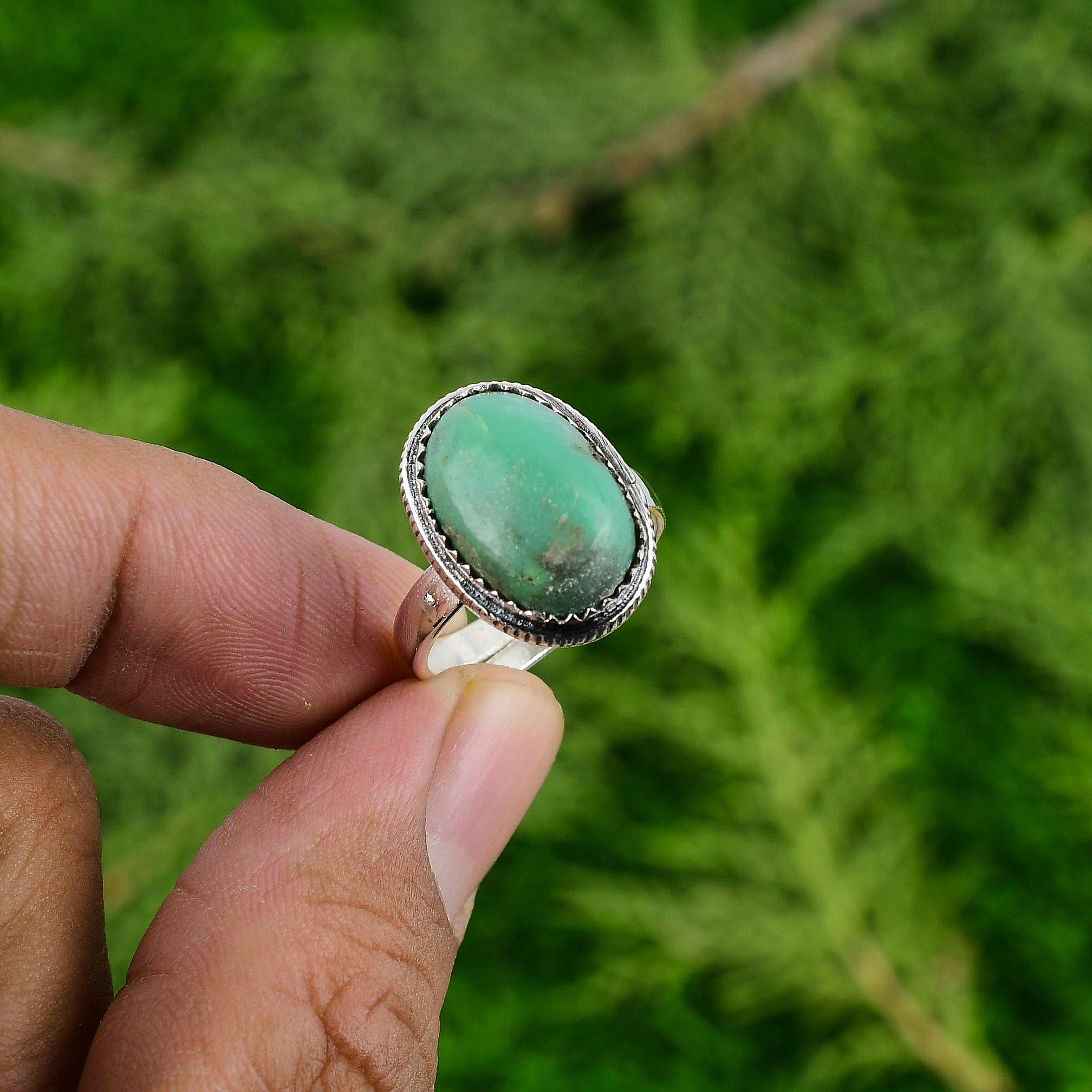 925 Sterling Silver Chrysoprase Gemstone Statement Promise Bezel Handmade Ring
