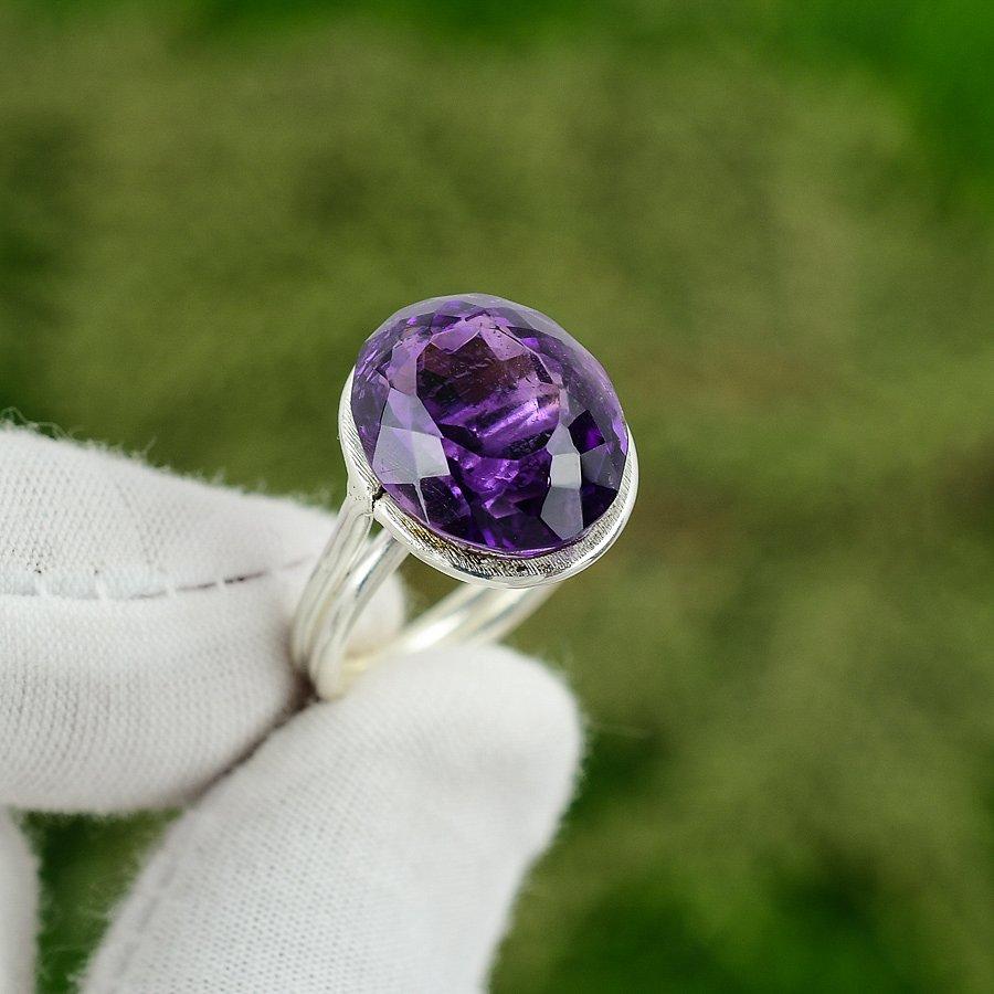 African Amethyst Gemstone 925 Sterling Silver Statement Art Deco Ring Size 6.5