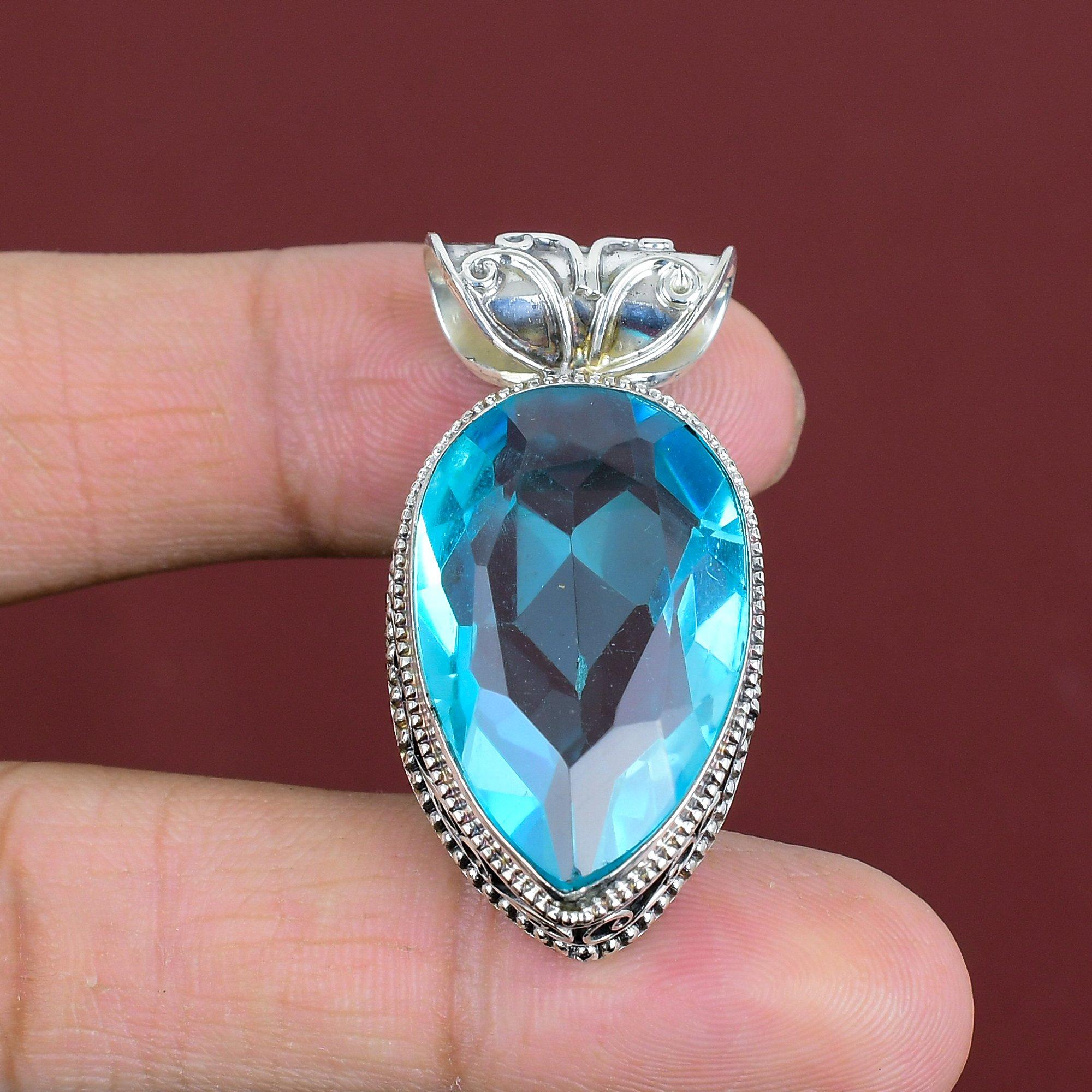 Faceted Swiss Blue Topaz Pendant Vintage Gemstone Pendant 925 Sterling Silver Pendant Handmade Jewelry Engagement Gifts Statement Pendant