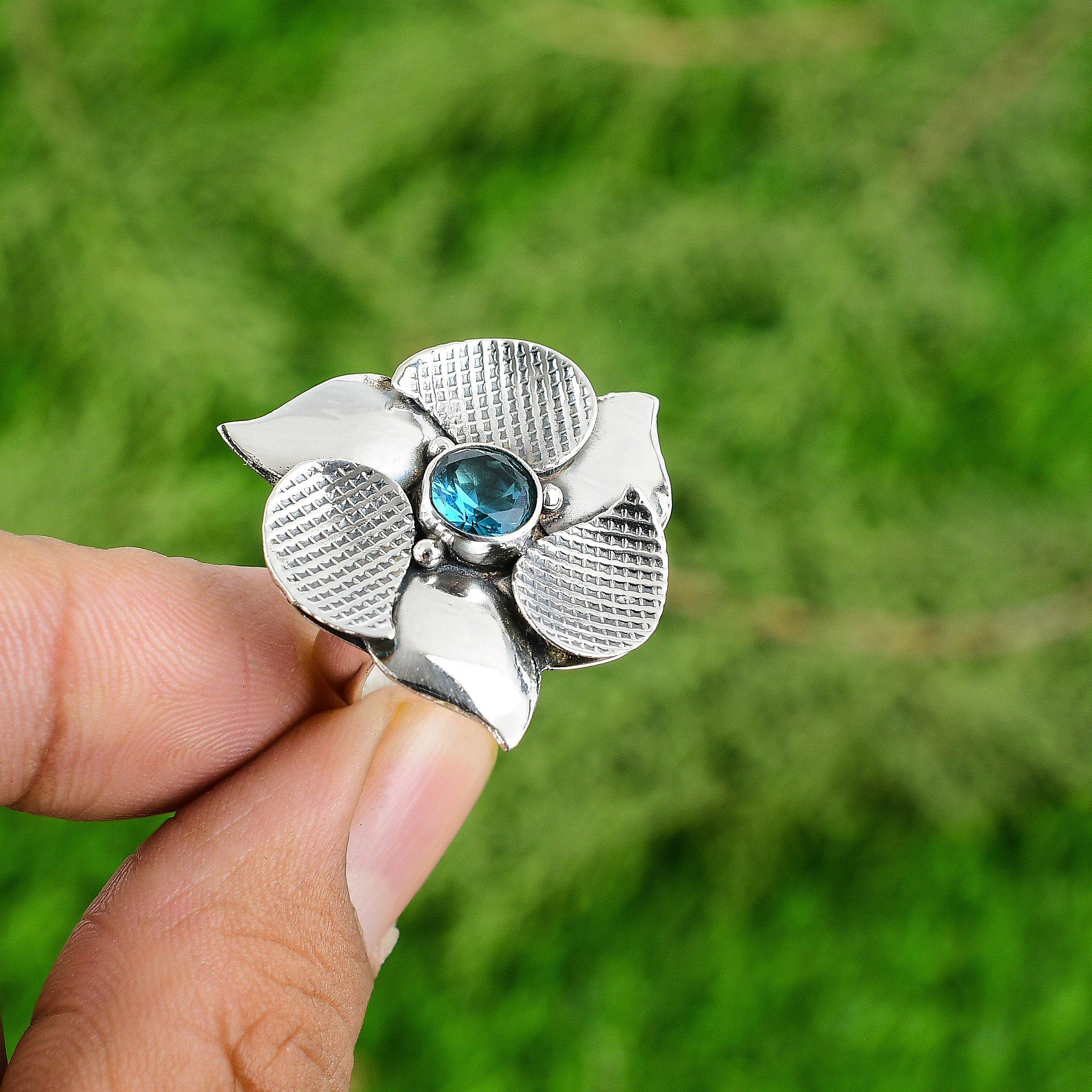 Sterling Silver Natural Swiss Blue Topaz Flower Art Deco Multi Stone Mother Ring
