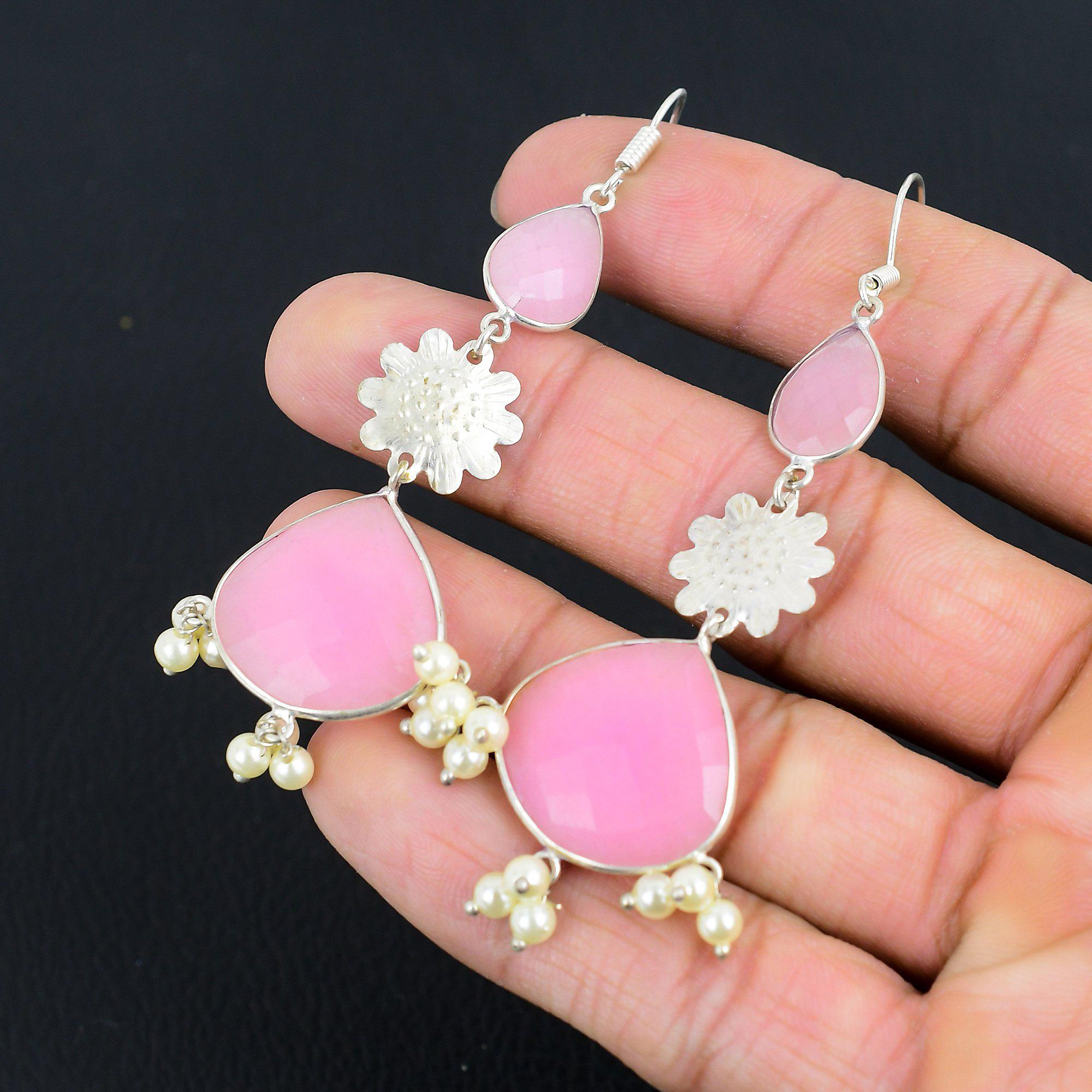 Sterling Silver Pink Chalcedony Gemstone Dangling Anniversary Earrings Jewelry