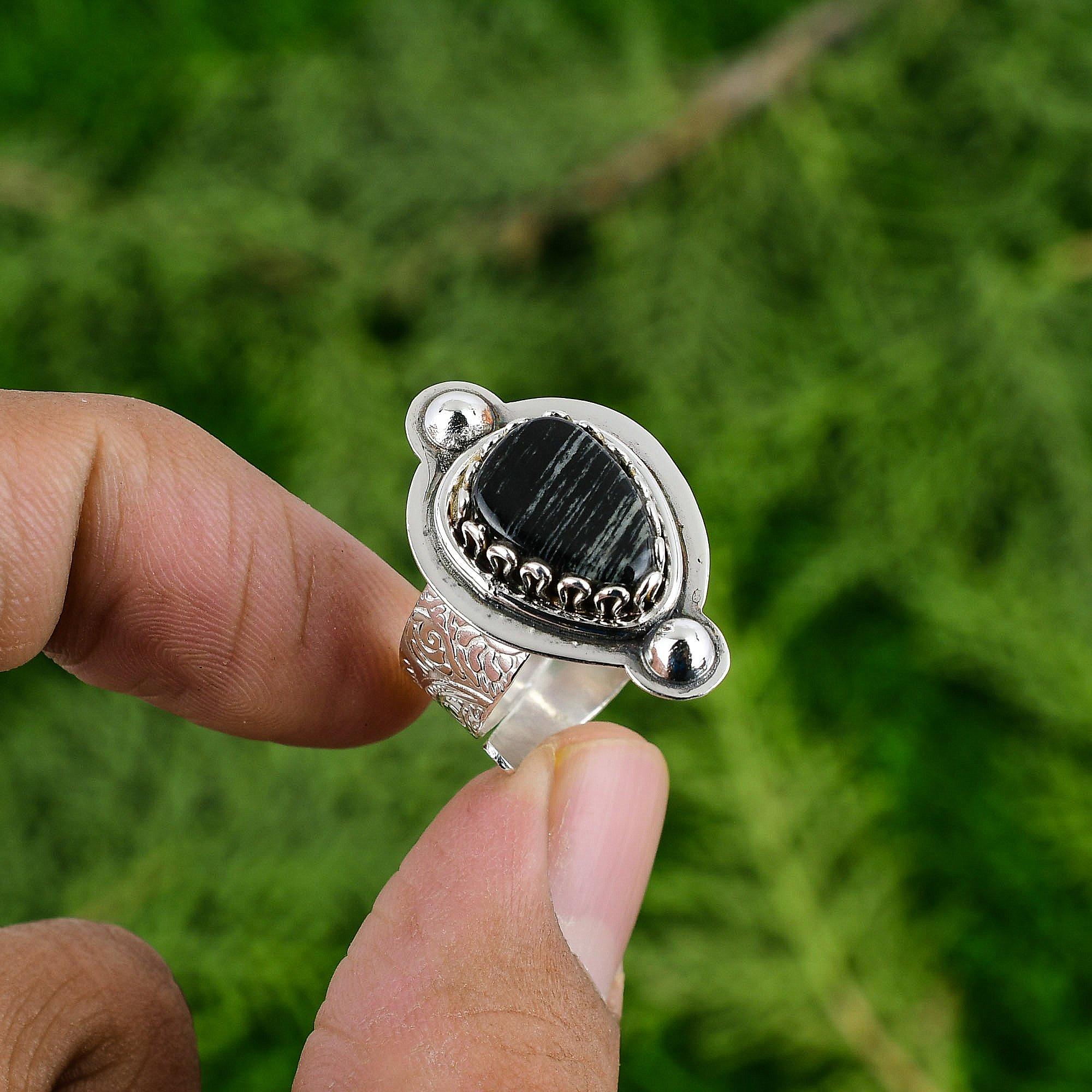 Gift For Women Promise Adjustable Ring 925 Silver Natural Silver Leaf Jasper