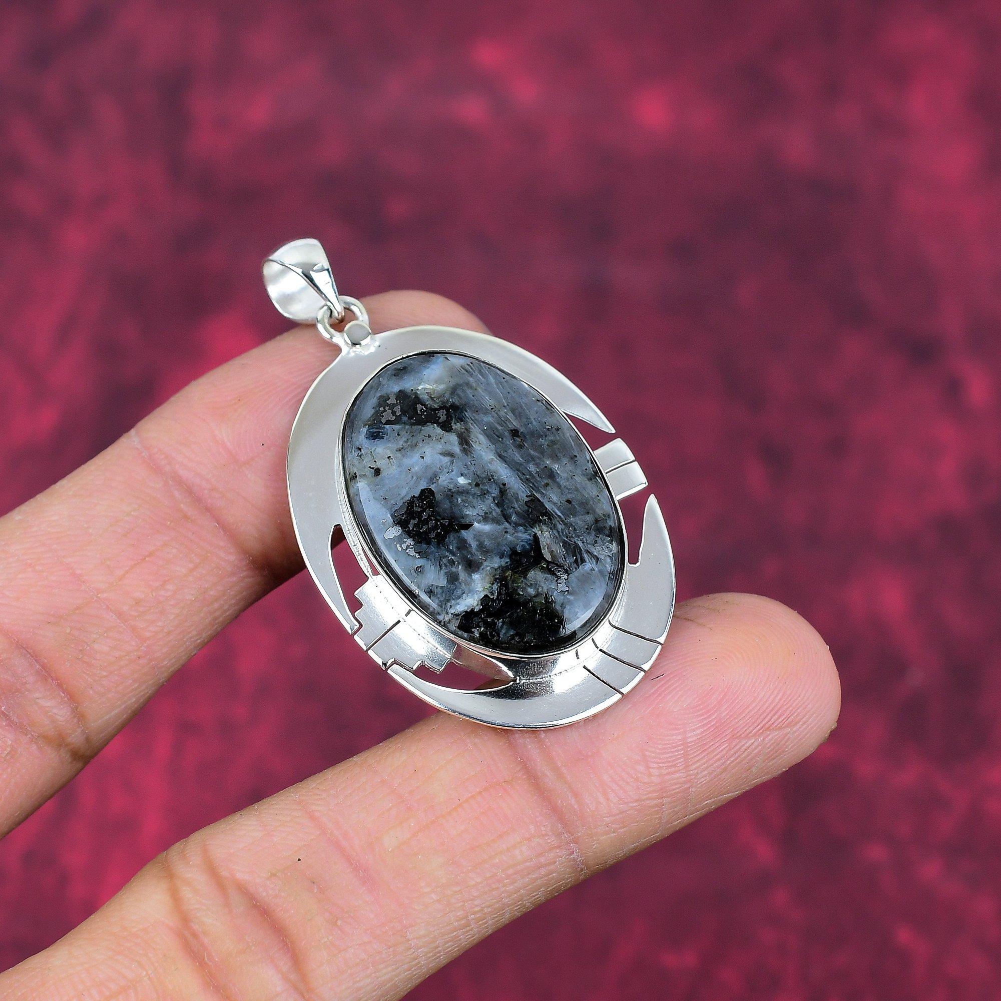 Přívěsek z larvikitu, stříbrný přívěsek 925 s drahokamy, ručně vyráběný přívěsek, úžasný šperk, dárek pro ni