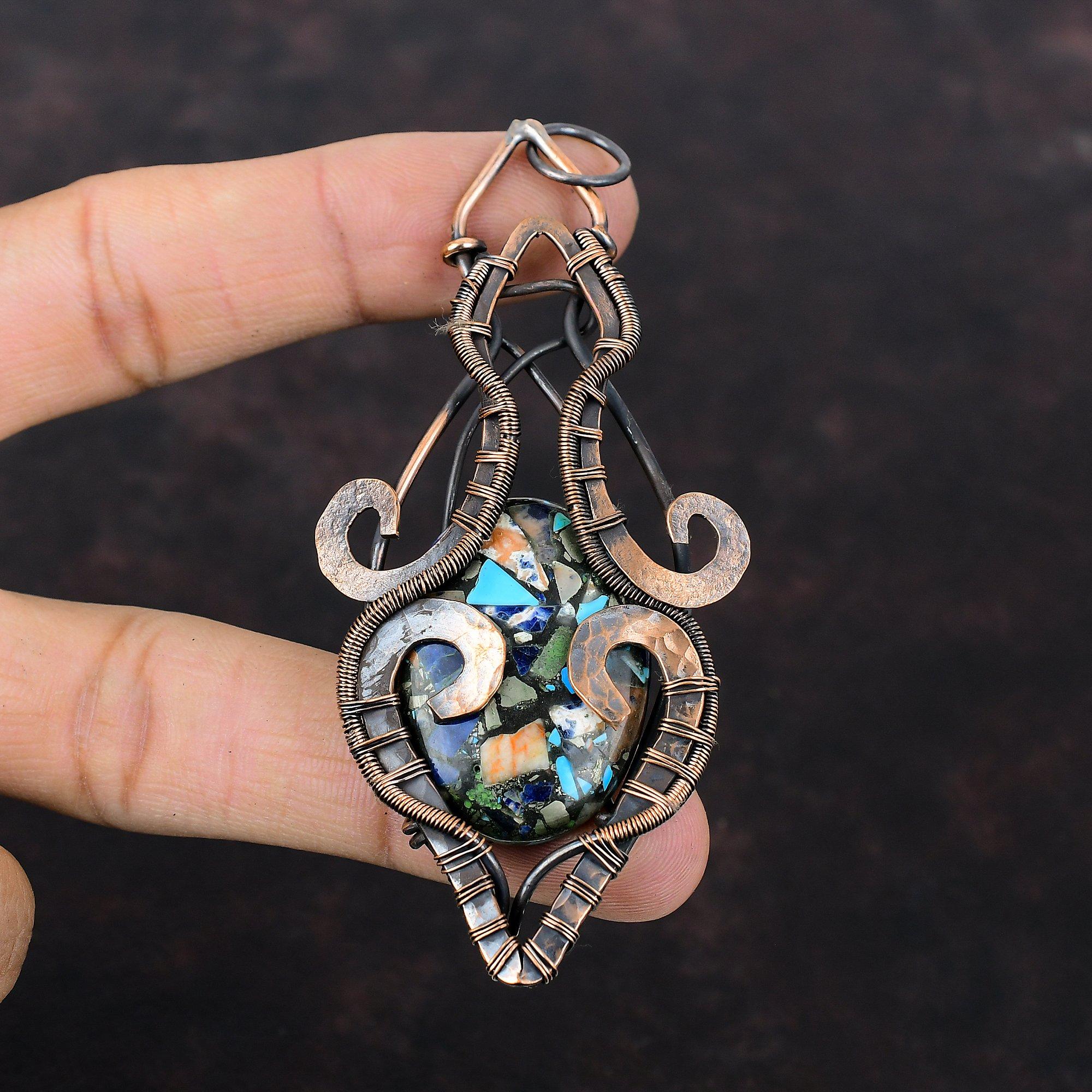 Copper Multi Turquoise Pendant Copper Wire Wrapped Pendant Unique Copper Design Jewelry Gemstone Pendant Gift For Him Handmade Wire Jewelry