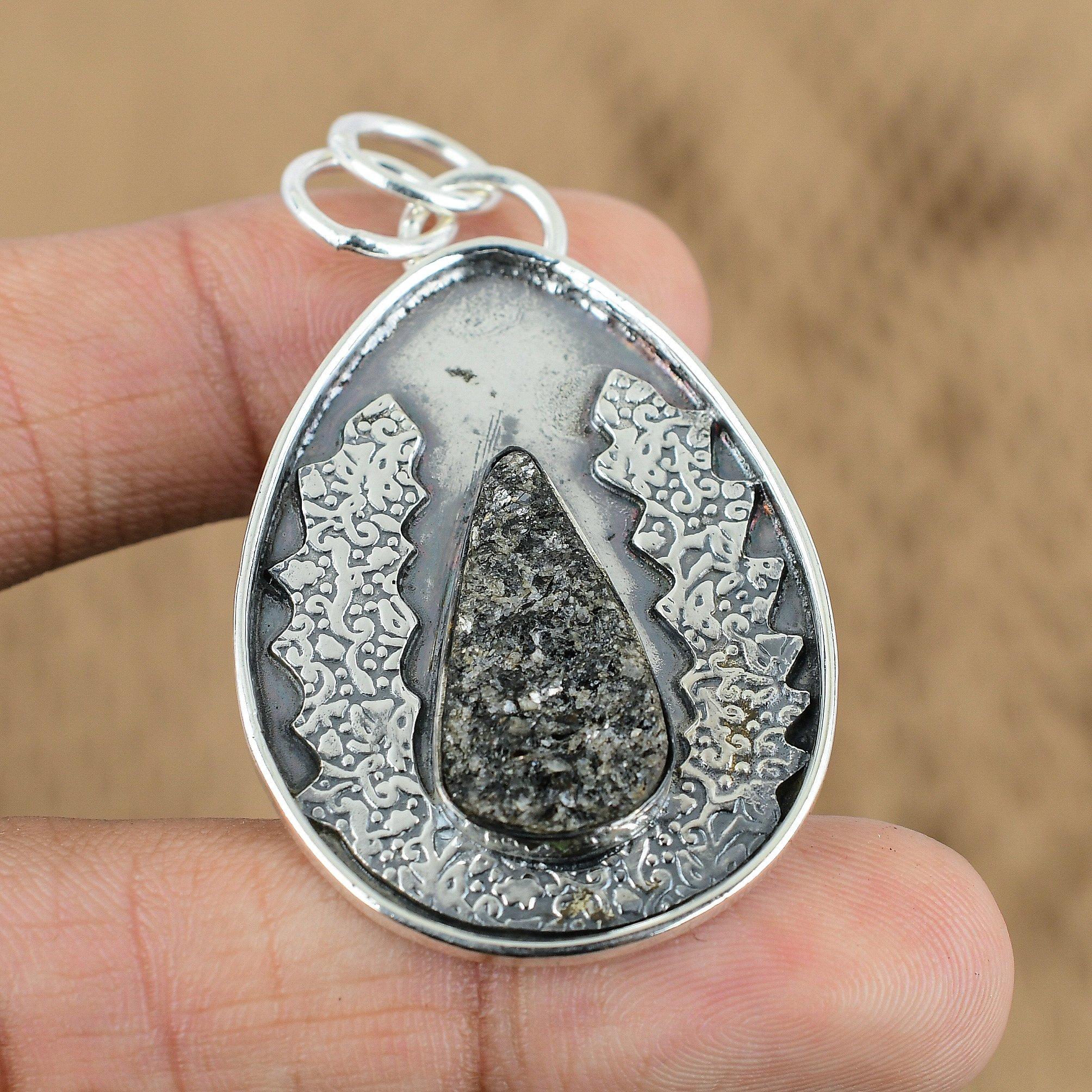 Natural Black Tektite Druzy Gemstone 925 Sterling Silver Pendant For Women