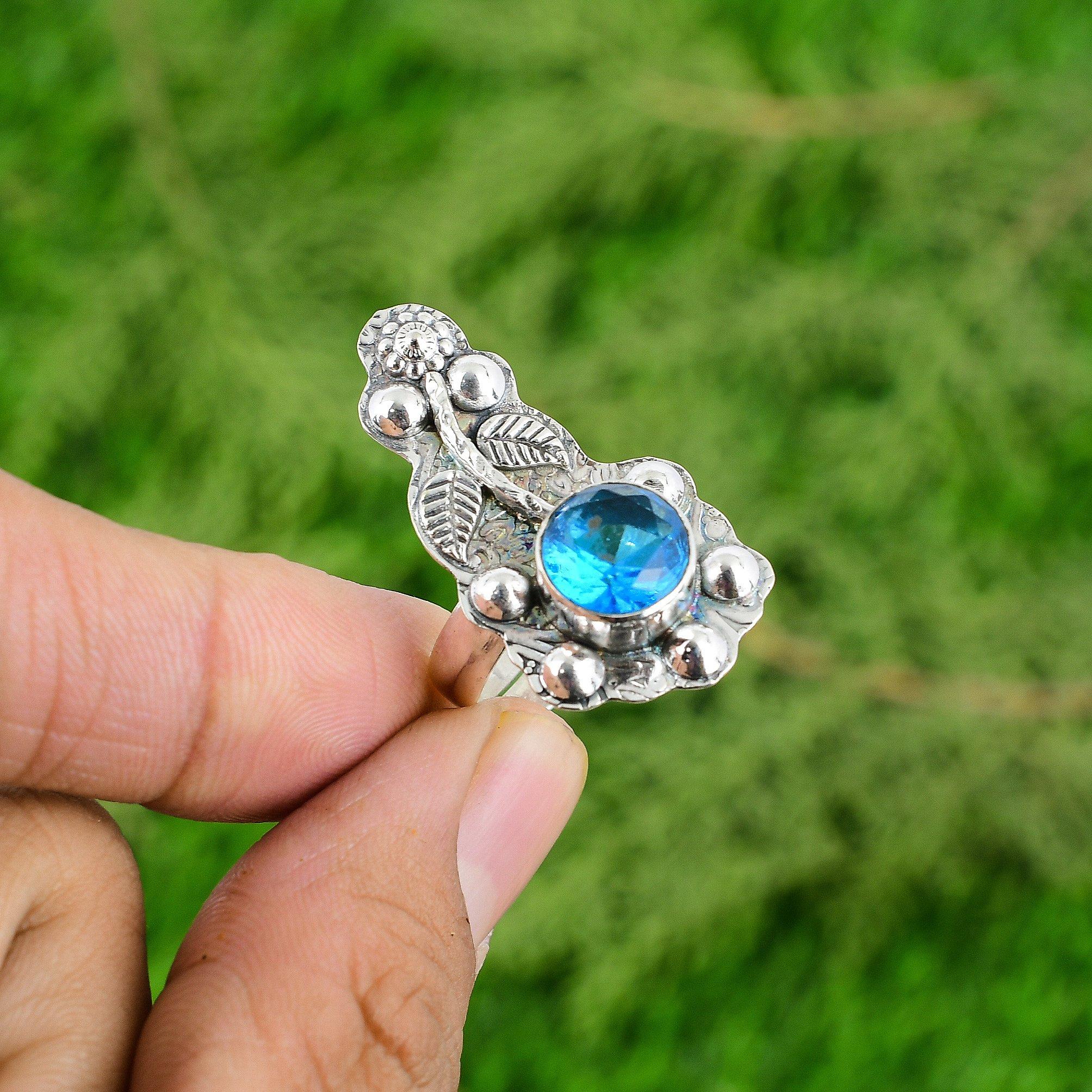 925 Silver Natural Swiss Blue Topaz Promise Statement Daughter Flower Bezel Ring