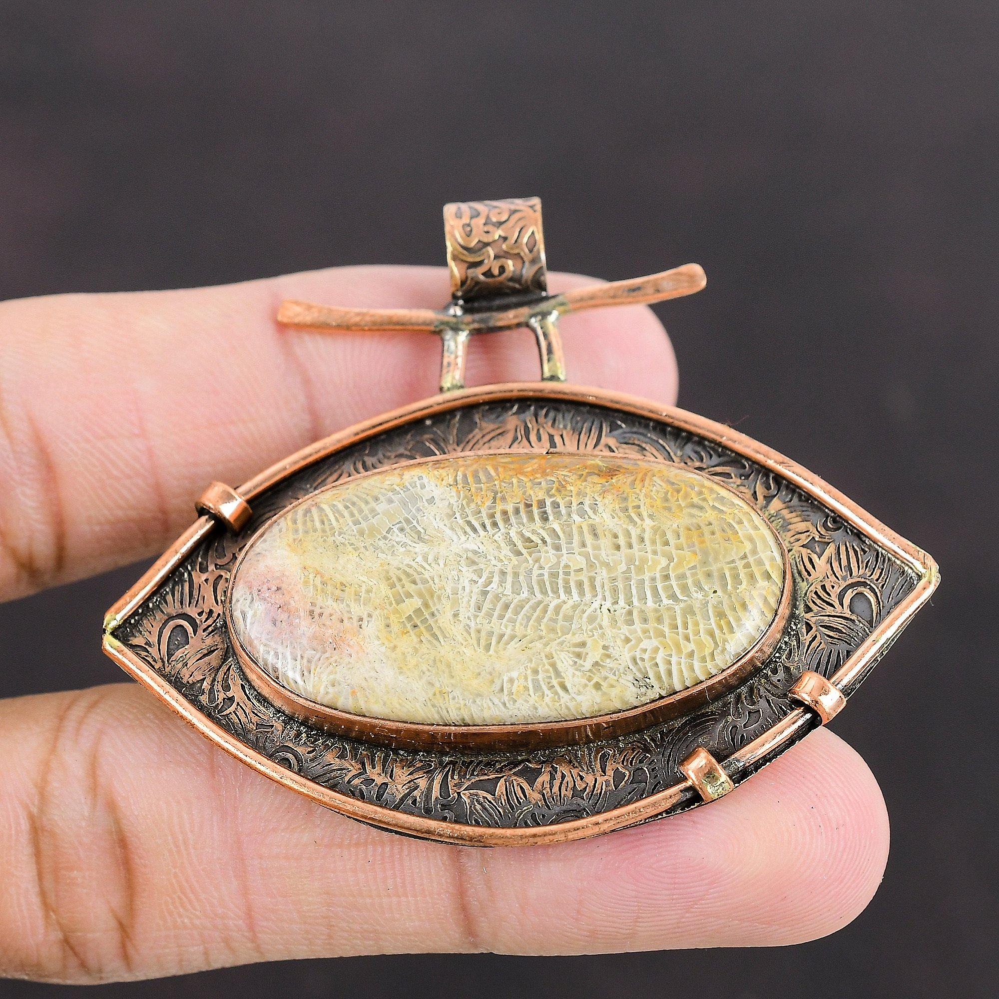 Fossil Coral Pendant Copper Pendant Gemstone Pendant Women Pendant Oxidized Copper Jewelry Gift For Bridal Wedding Jewelry Handmade Pendant