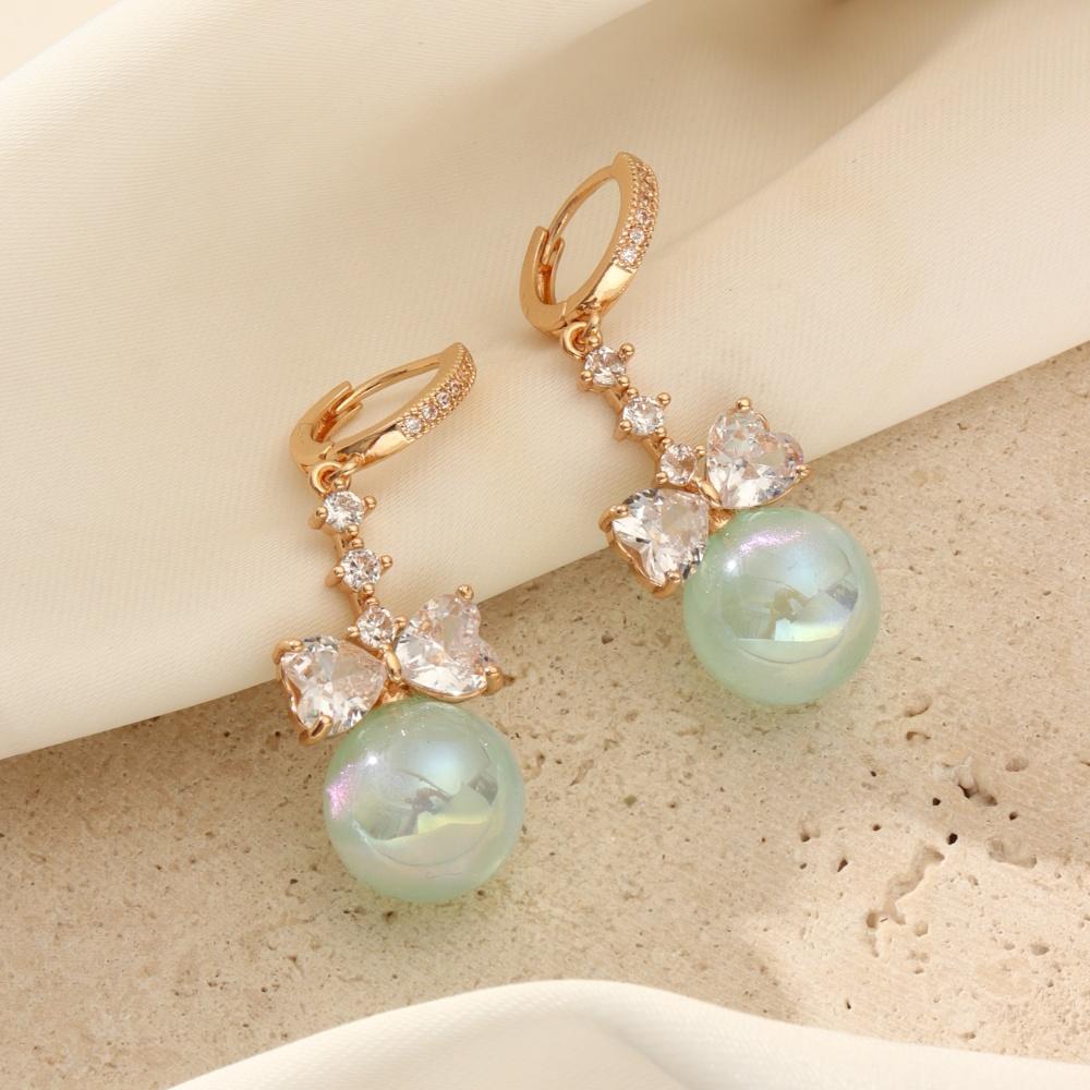 1 Pair Exquisite Green Imitation Pearls Dangle Earrings for Women Zircon Bow Earring Jewelry Wedding Party Accessories