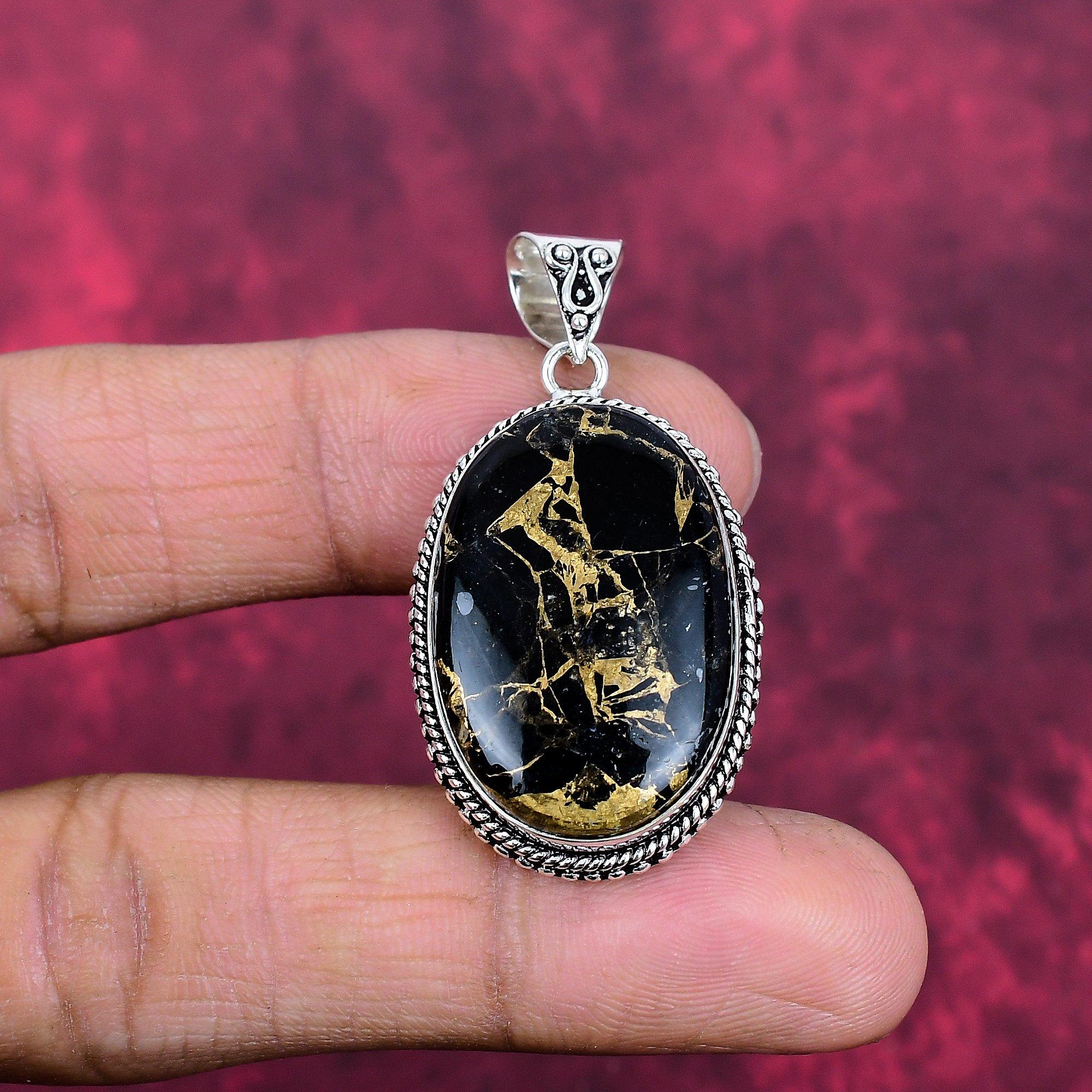 Black Copper Turquoise Pendant Gemstone Jewelry, 925 Solid Sterling Silver Pendant, Gift For Women Handmade Pendant