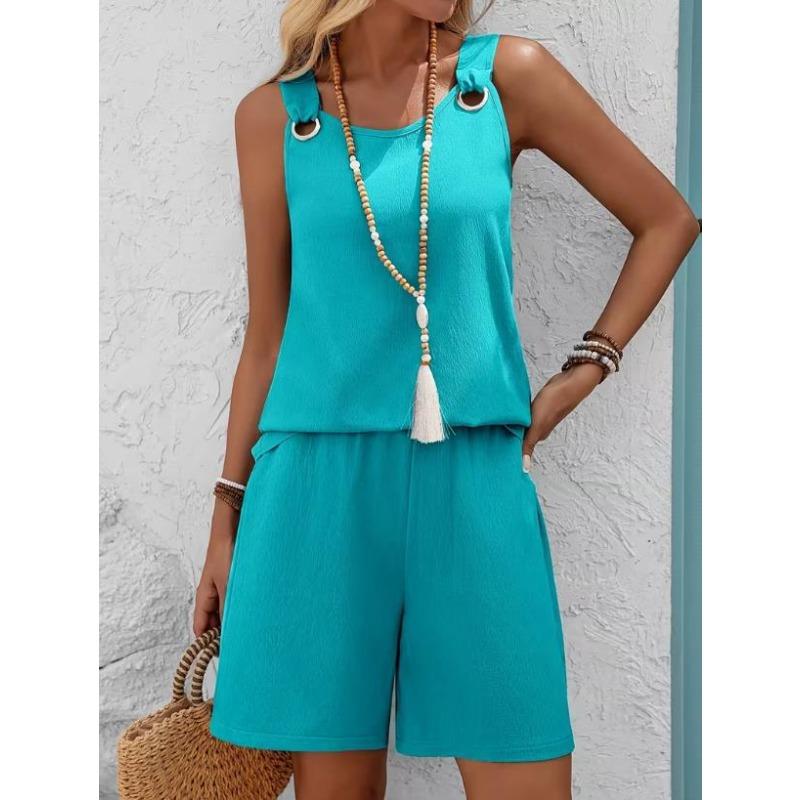 Western Spring Summer Fall New Solid Color Craft Fabric Double Pocket Sleeveless Top and Shorts, Vacation Style Elegant Casual Set