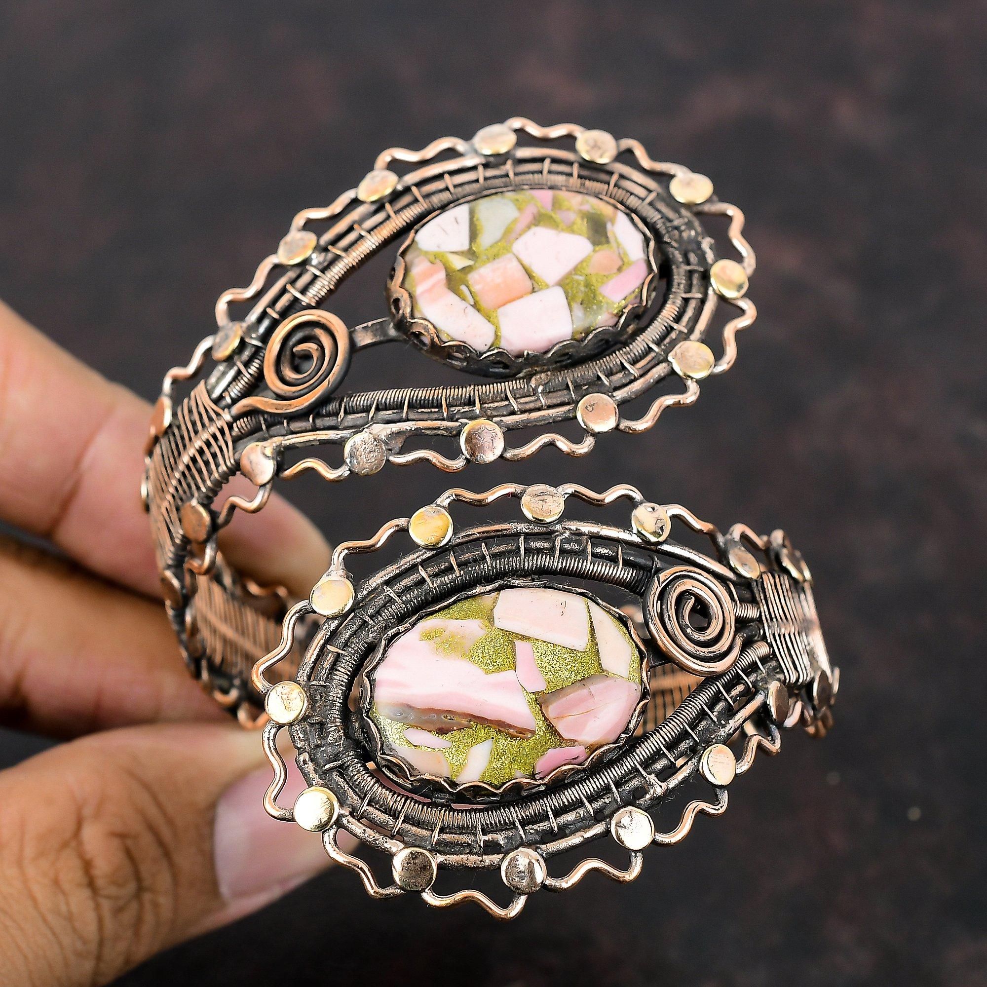 Copper Pink Opal Bangle Copper Wire Wrapped Gemstone Cuff Bracelet Adjustable Bangle Handmade Jewelry Anniversary Gift Copper Wire Jewelry