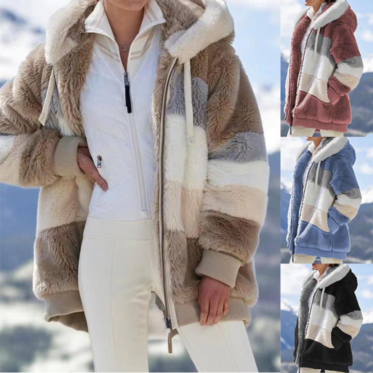 Autumn and Winter New Warm Plush Patchwork Zipper Pocket Hooded Loose Jacket for Women