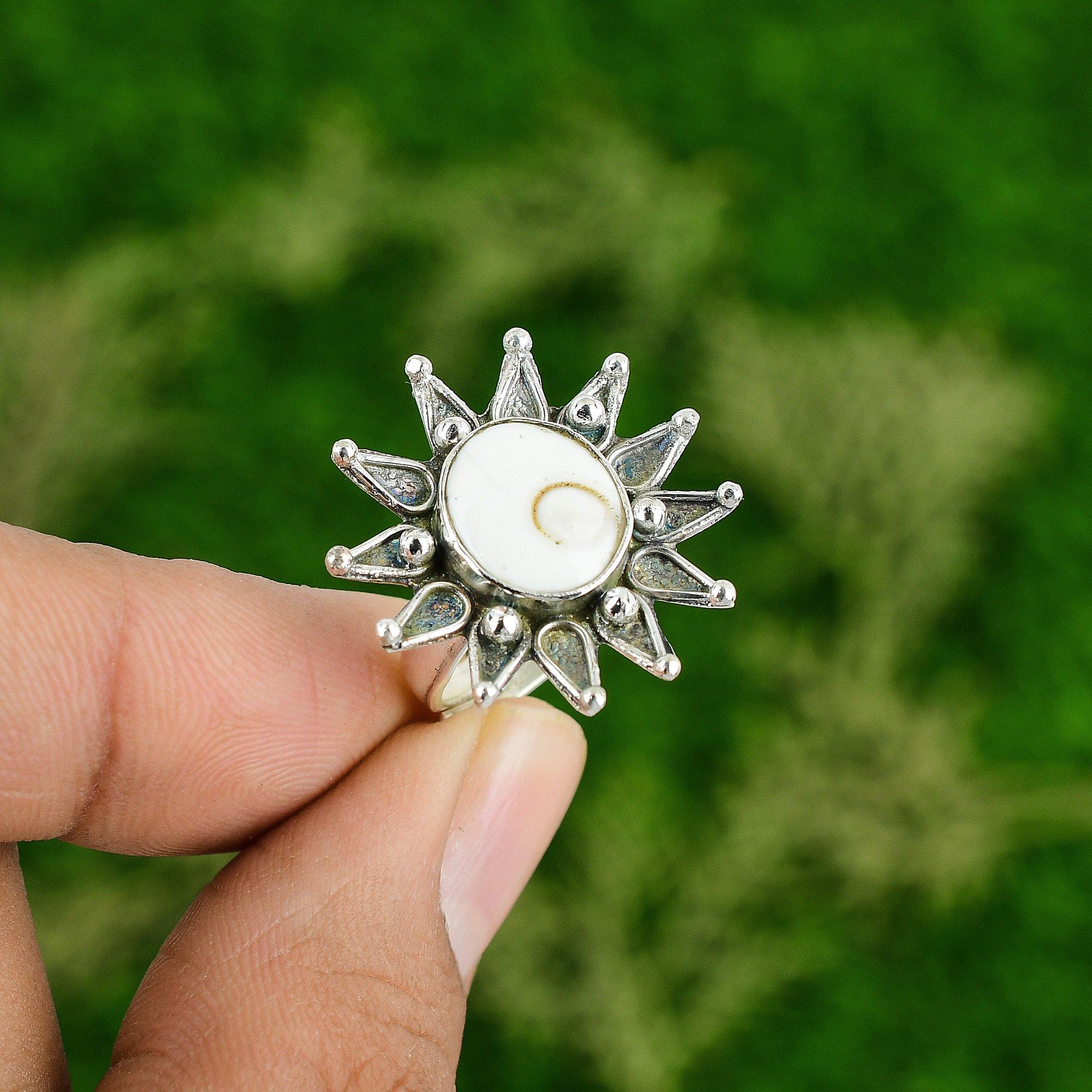 Natural Shiva Eye Shell Gemstone Promise Flower Adjustable Ring 925 Silver