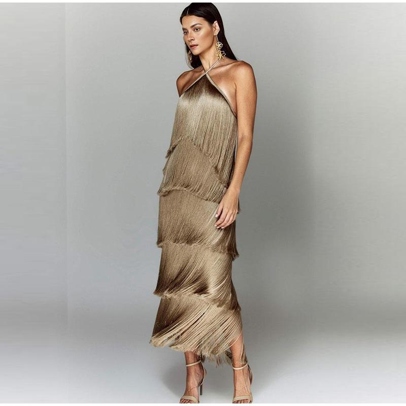 Tassels Halter Split Women Dress Sleeveless Backless Lace Up Party Summer Street Club Evening Robe