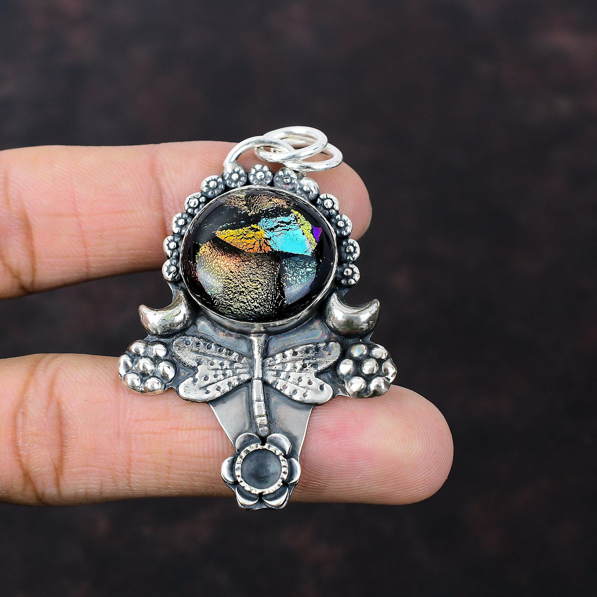 American Dichroic Glass Pendant Gemstone Jewelry 925 Sterling Silver Pendant Dragonfly Pendant Handmade Jewelry Gift For Him Antique Pendant