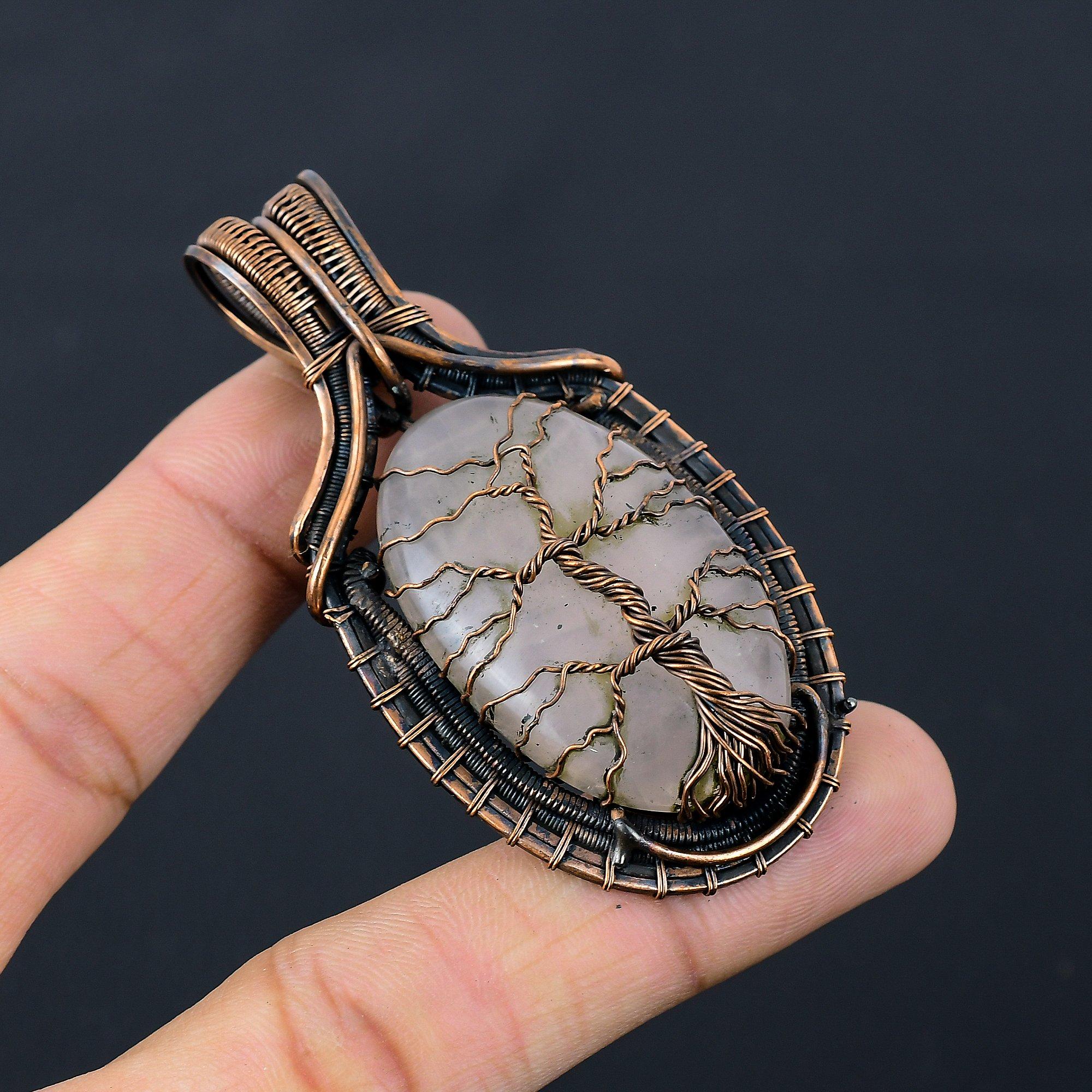 Tree Of Life Rose Quartz Gemstone Pure Copper Wire Wrapped Handmade Jewelry Pendant