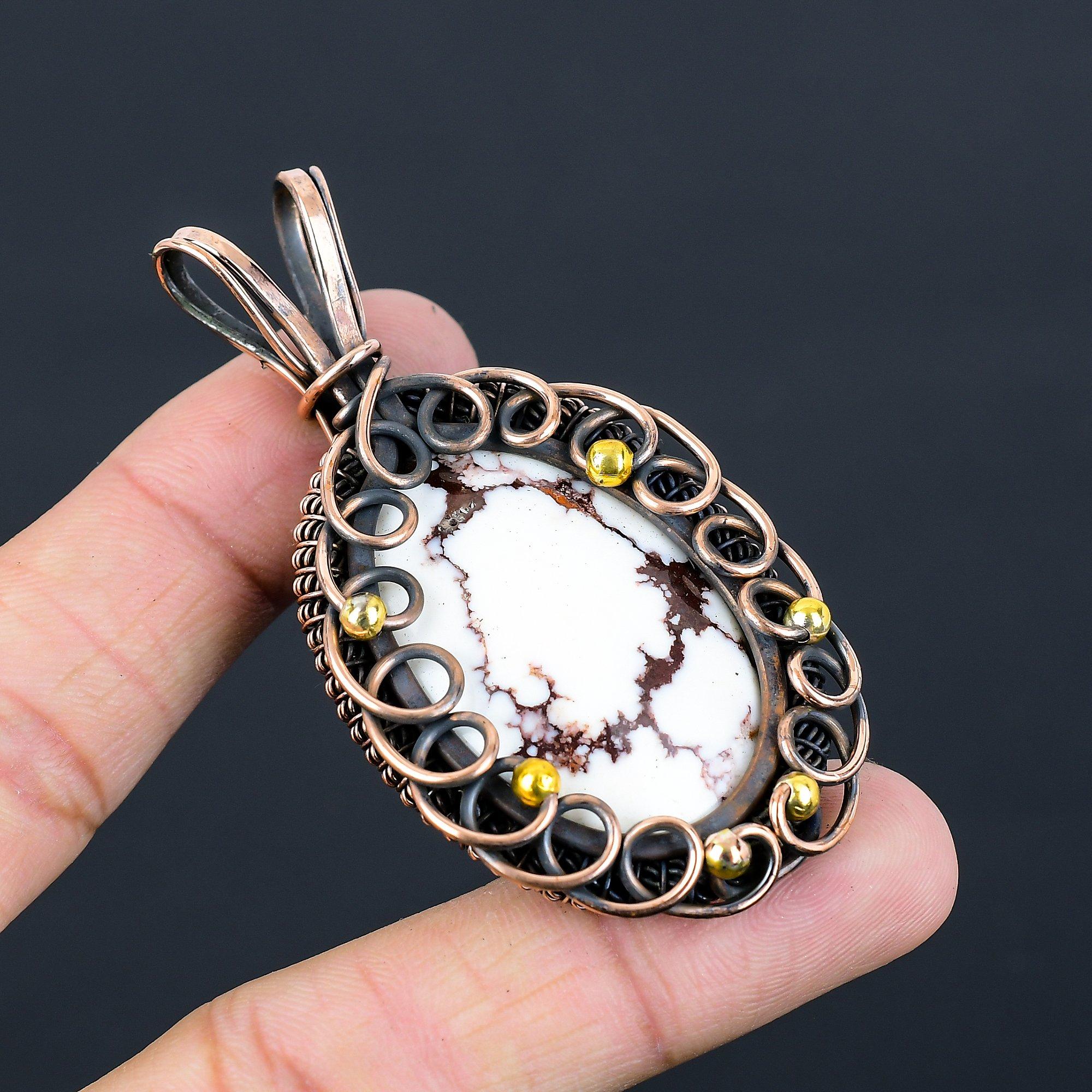 Wild Horse Turquoise Gemstone Pure Copper Wire Wrapped Handmade Jewelry Pendant