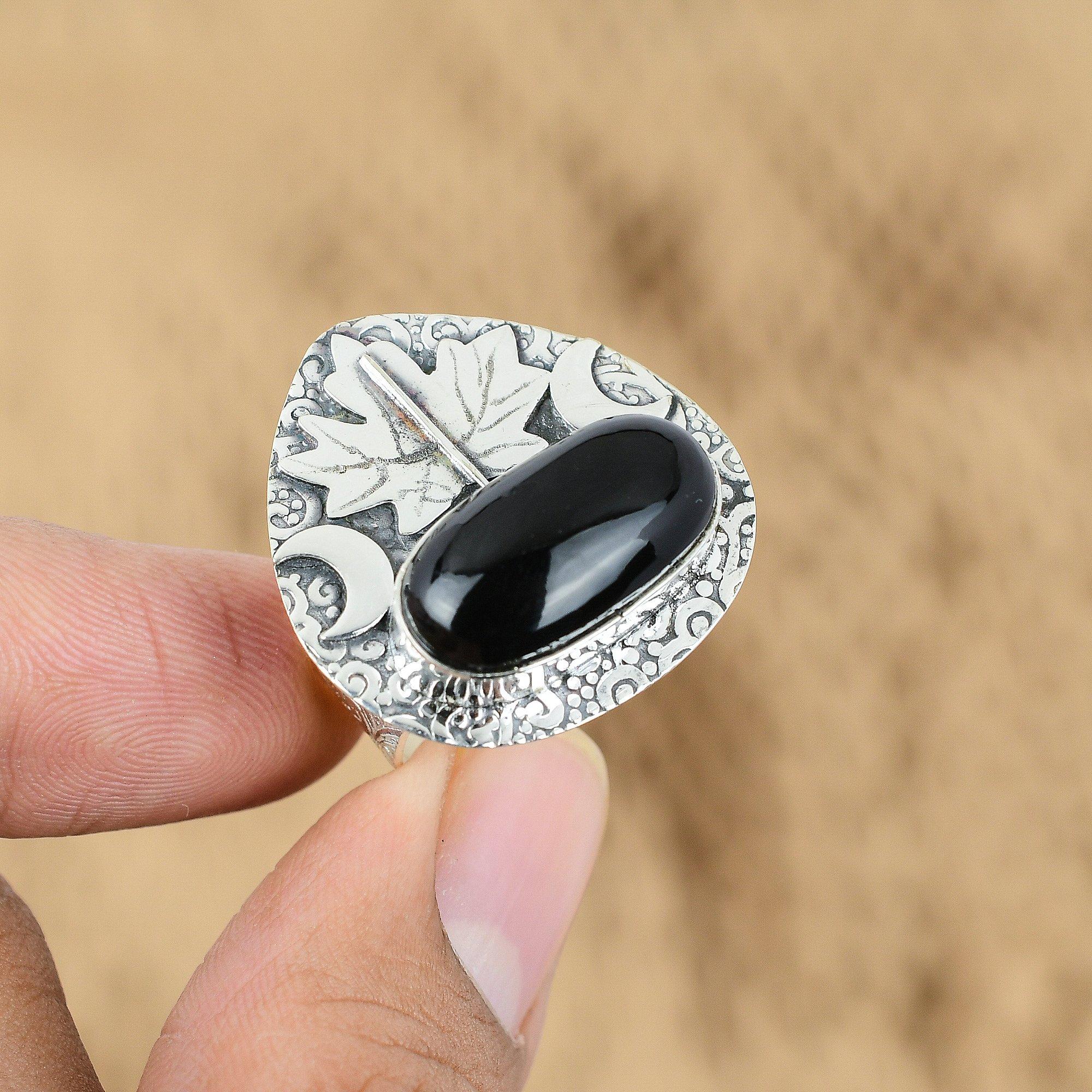 Oval Root Chakra Black Onyx Gemstone Sterling Silver Cresent Moon Artisan Ring
