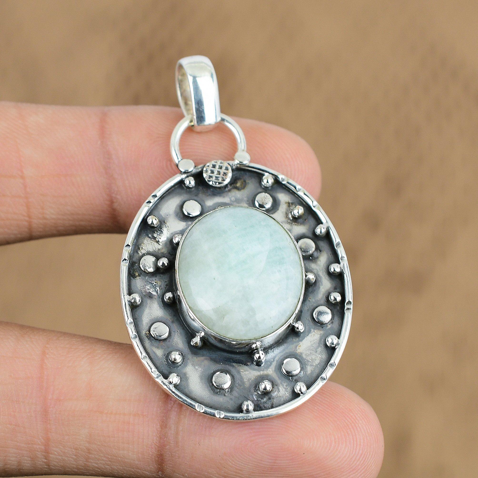 Womens day Deal 925 Silver Oval Amazonite Gemstone Heart Chakra Birthday Pendant