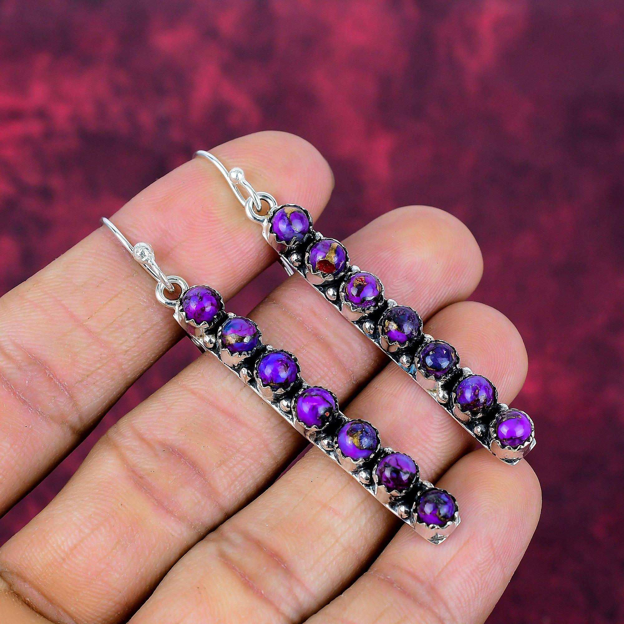 Fialové měděné tyrkysové náušnice, šperky z masivního sterlingového stříbra 925, náušnice z drahokamů, dárek pro ni, ručně vyráběné jemné šperky