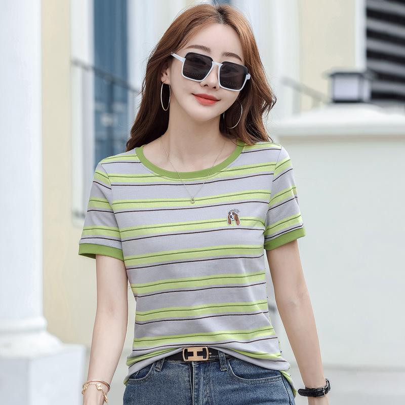 Summer Cotton Loose Short-sleeved T-shirt Striped Women's Tops